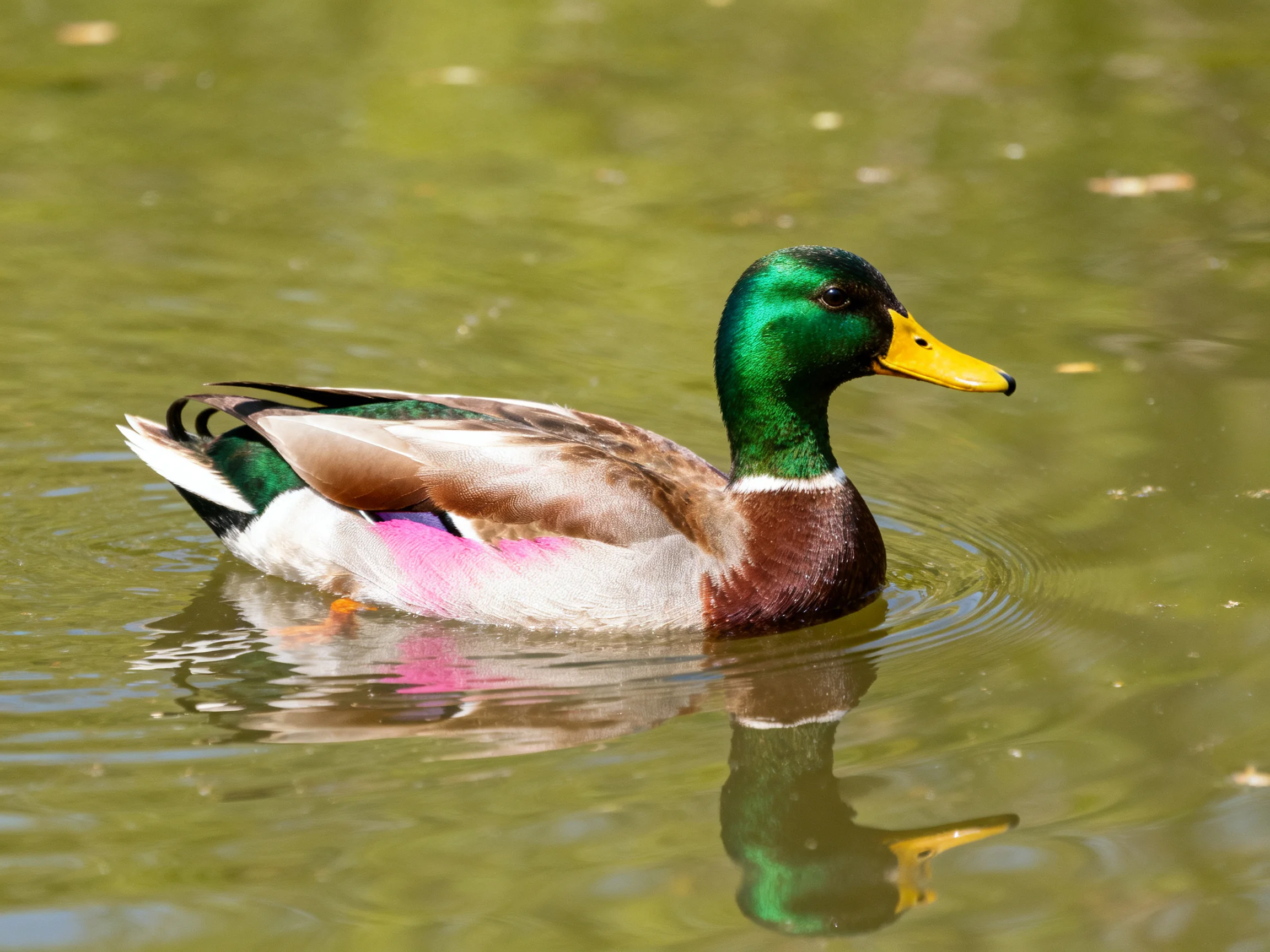 A vibrant mallard duck swims in greenish water