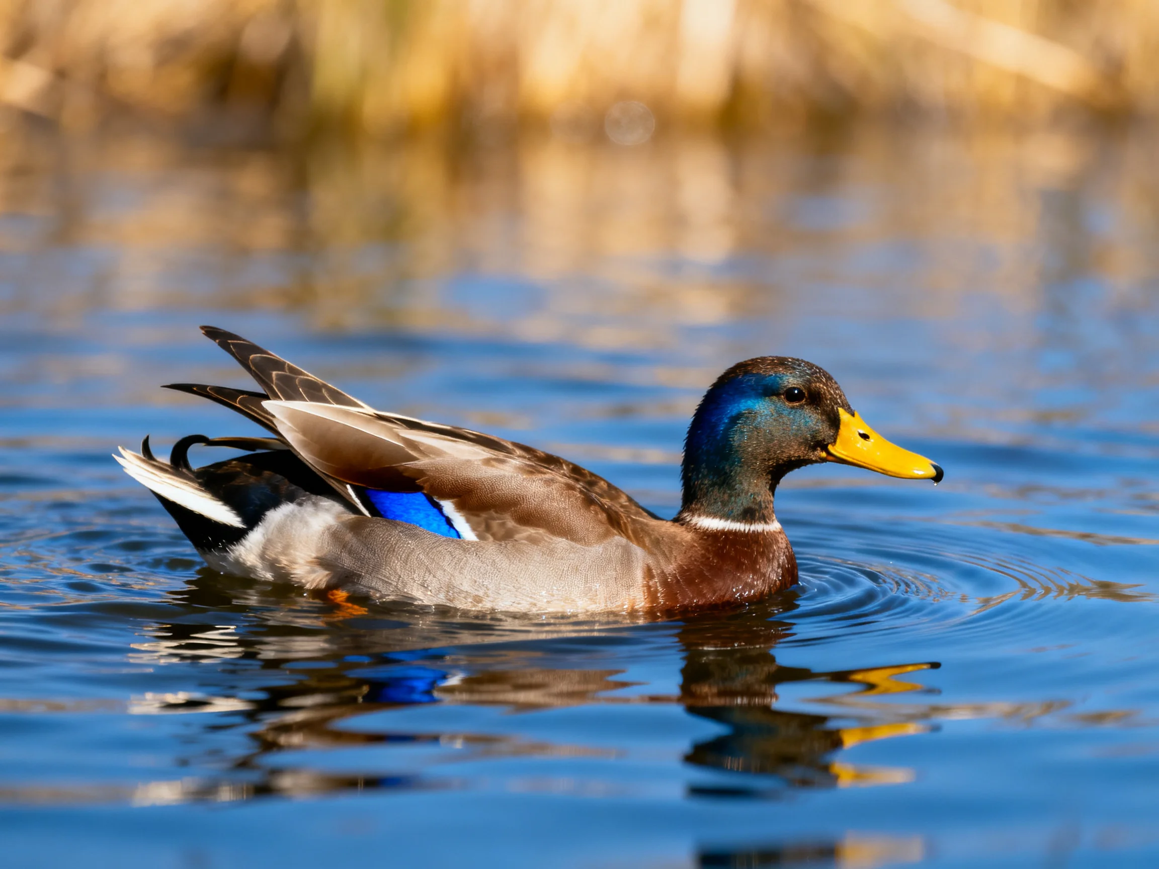 A vibrant mallard duck swims in serene blue water