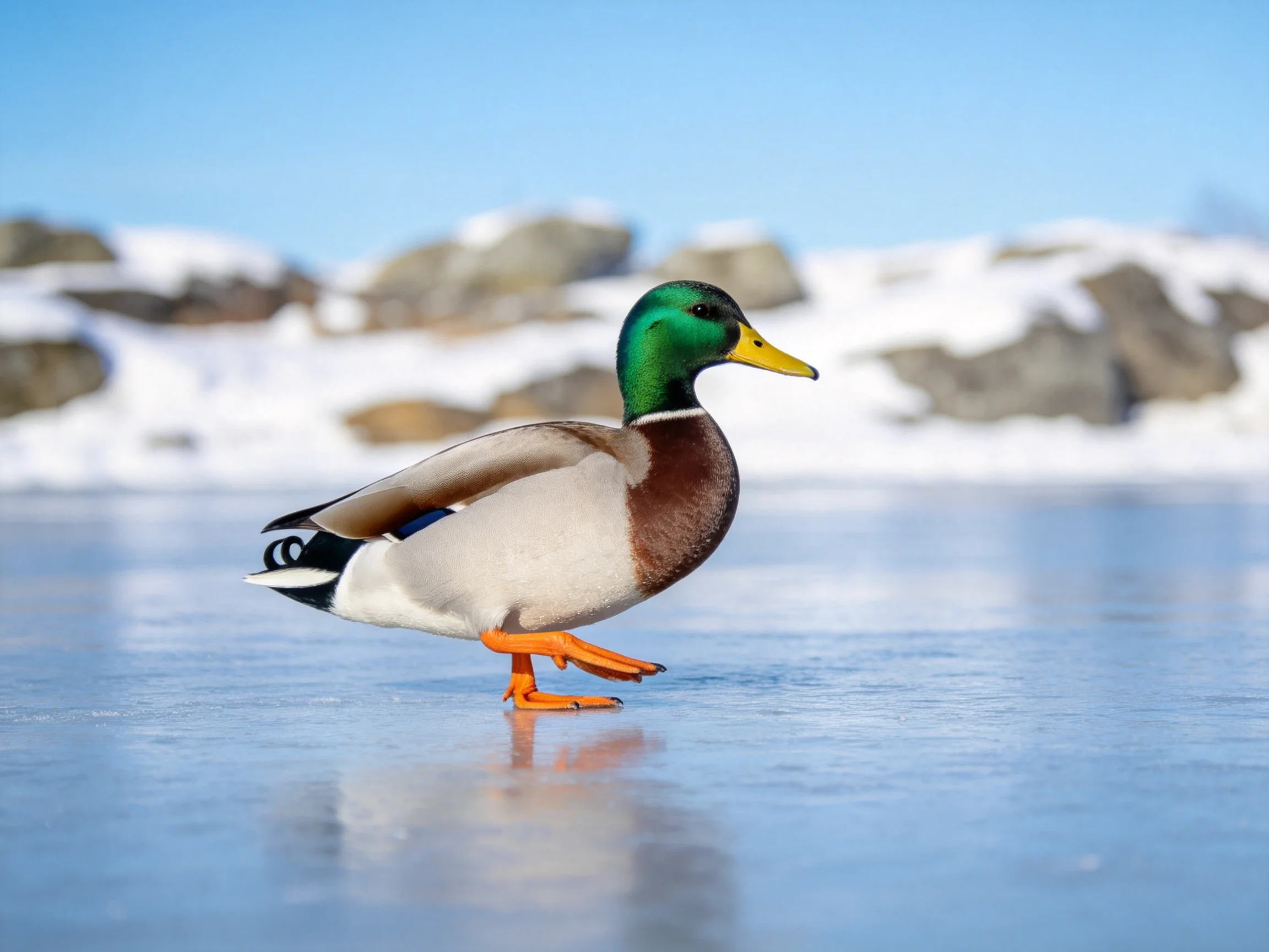 A vibrant mallard duck walking on icy water near snow-dusted rocks
