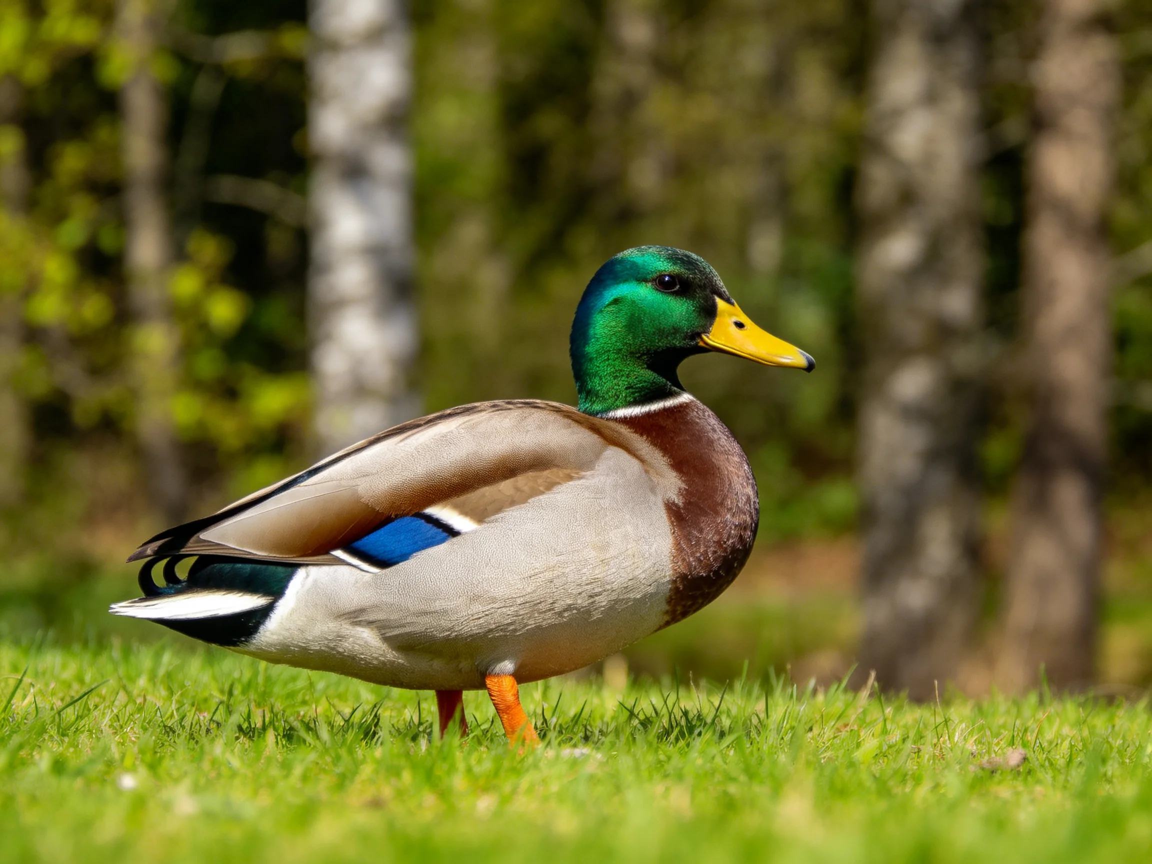 A vibrant mallard duck stands on green grass with trees in the background.