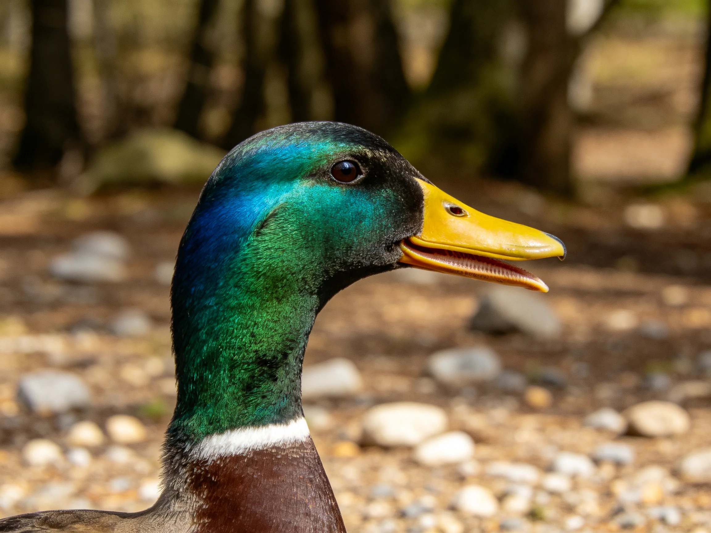 A vibrant mallard duck with iridescent green and blue feathers by a rocky forest path