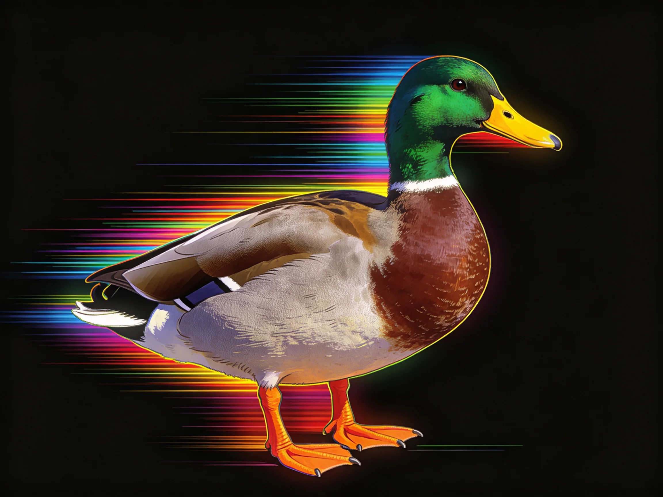 A vibrant mallard duck with rainbow motion trails on black