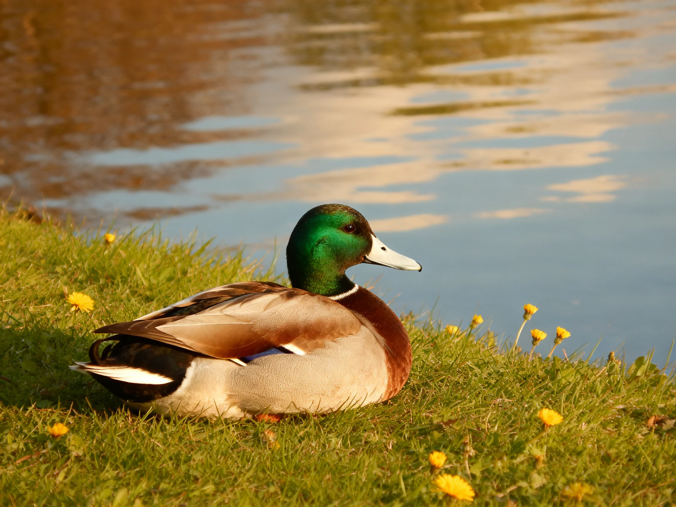 A vibrant mallard resting on grass by calm water with yellow blooms