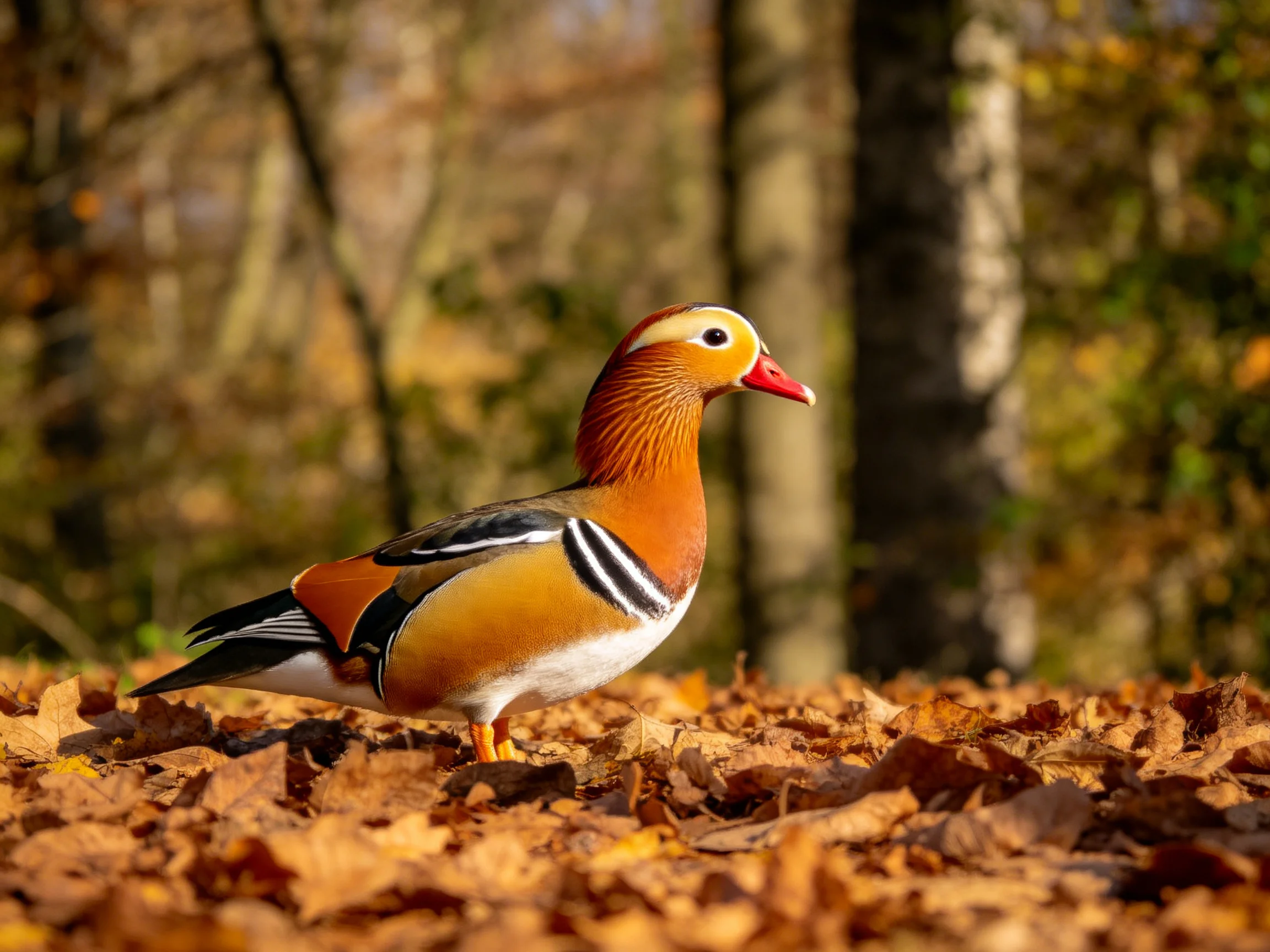 A vibrant mandarin duck on golden autumn leaves amid forest trees