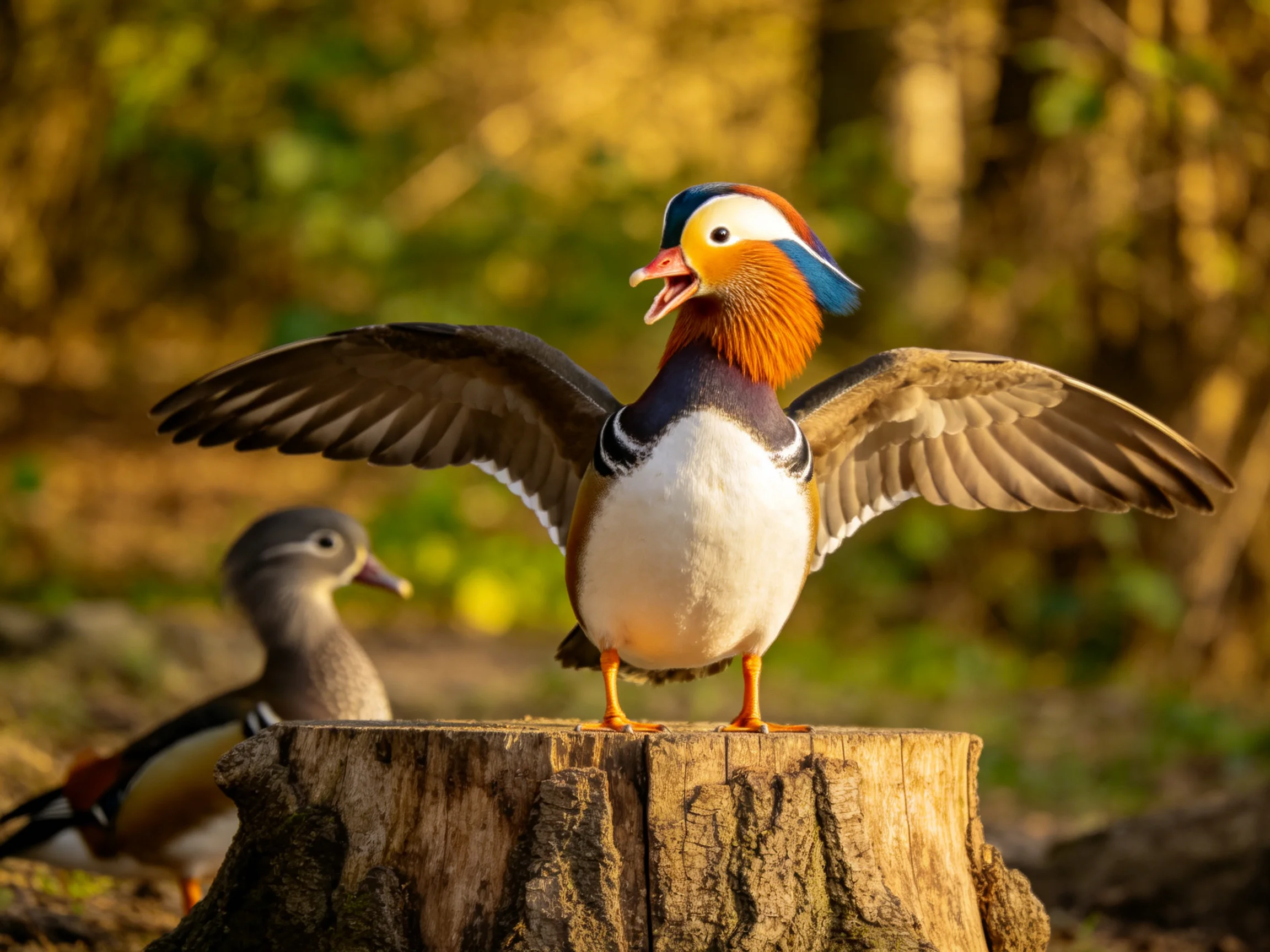 A vibrant mandarin duck spreads wings on a wooden stump