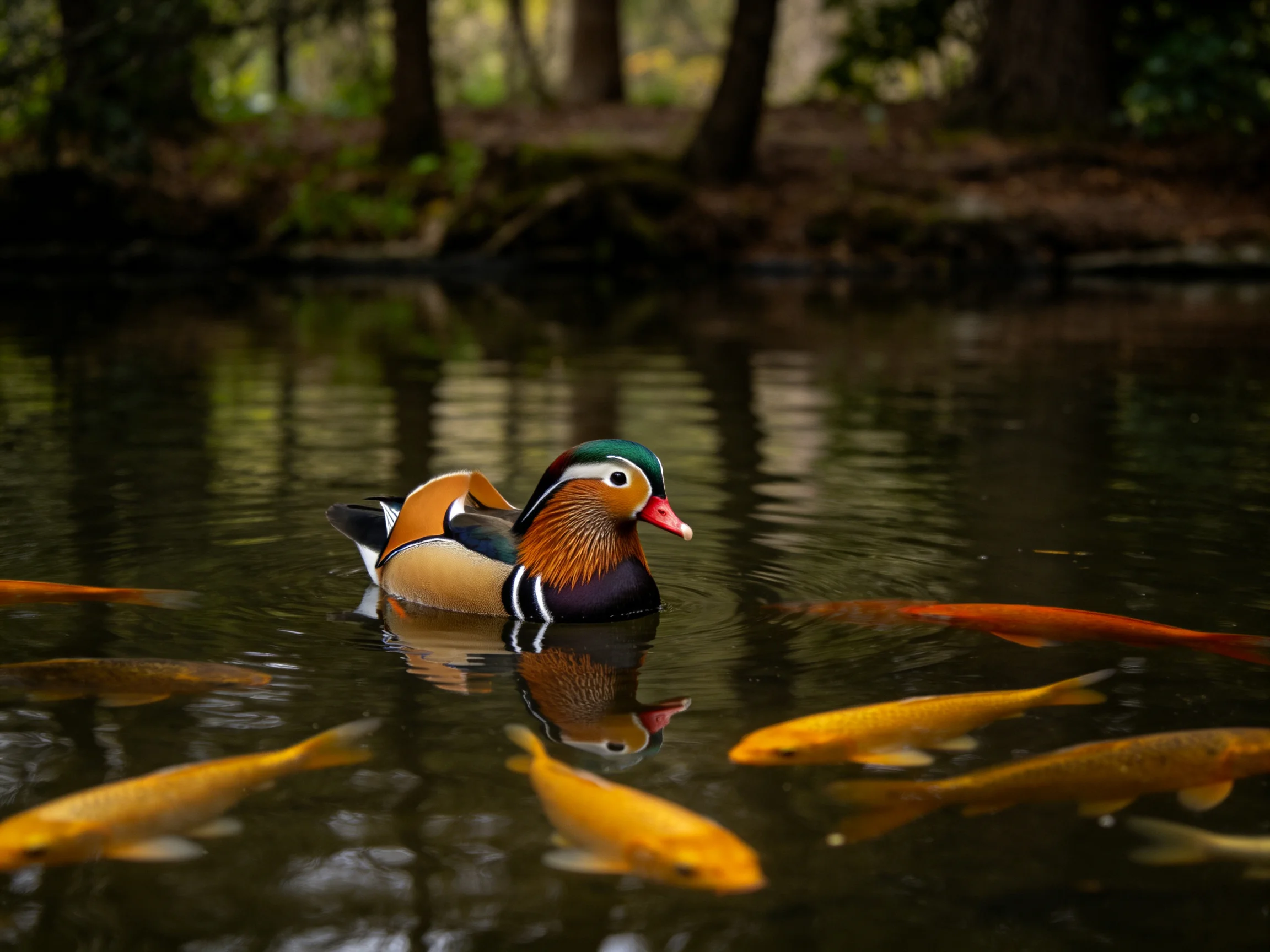 A vibrant mandarin duck swims amid golden koi in a wooded pond