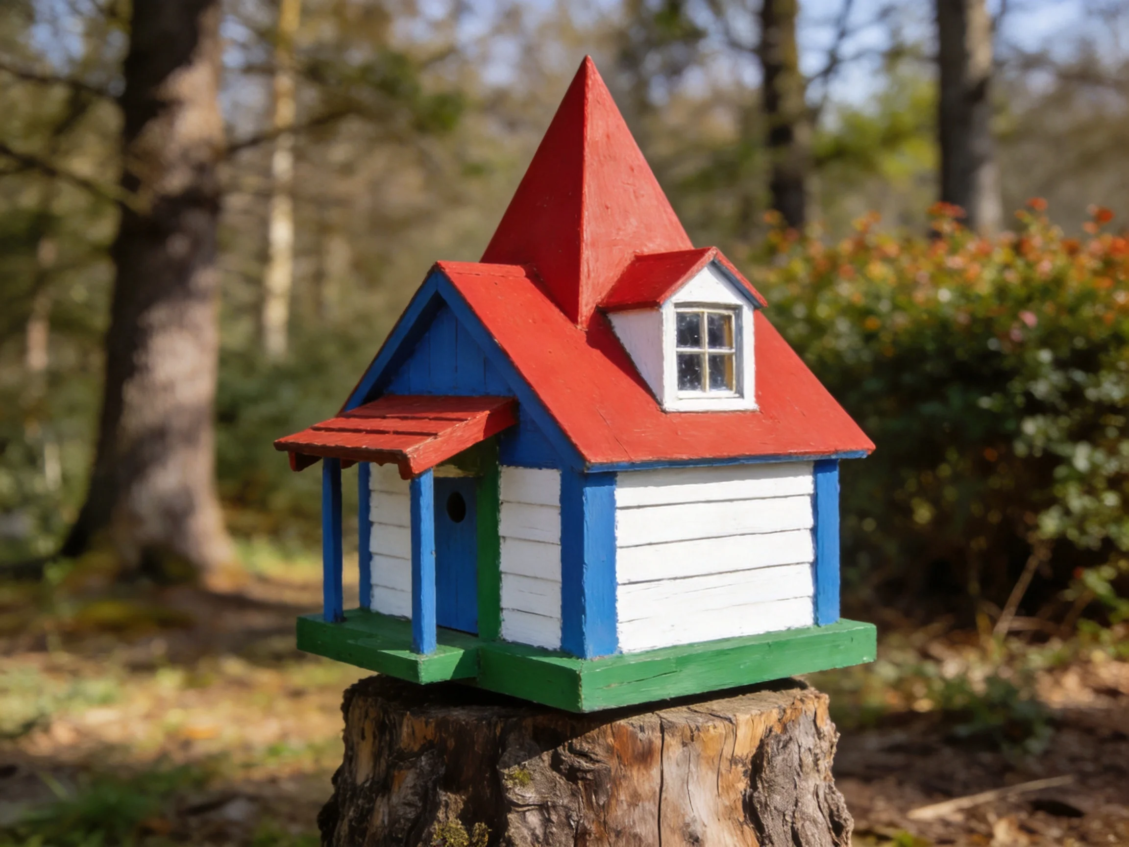 A vibrant miniature house - shaped birdhouse with red roof, blue walls, and green base
