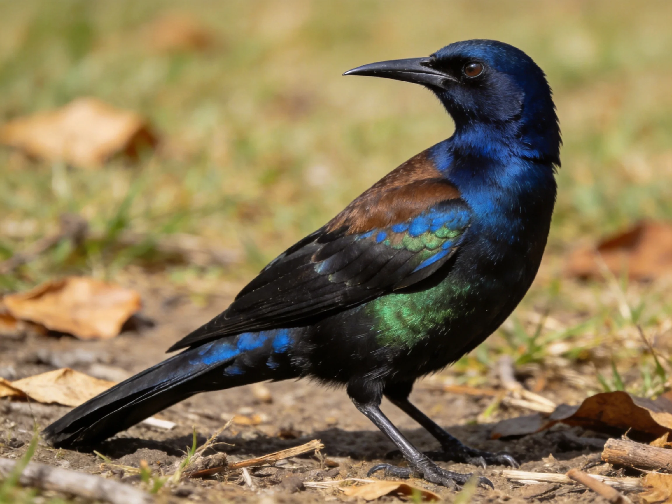 A vibrant multicolored bird with glossy black, blue, and green plumage