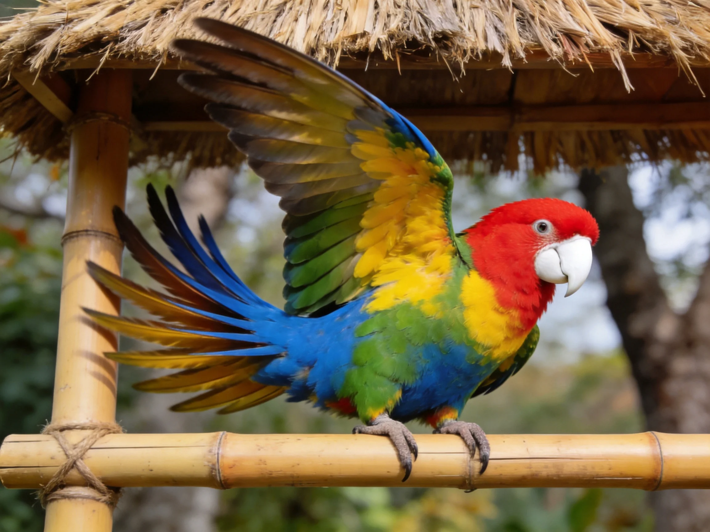 A vibrant multicolored parrot perches on bamboo near a thatched shelter