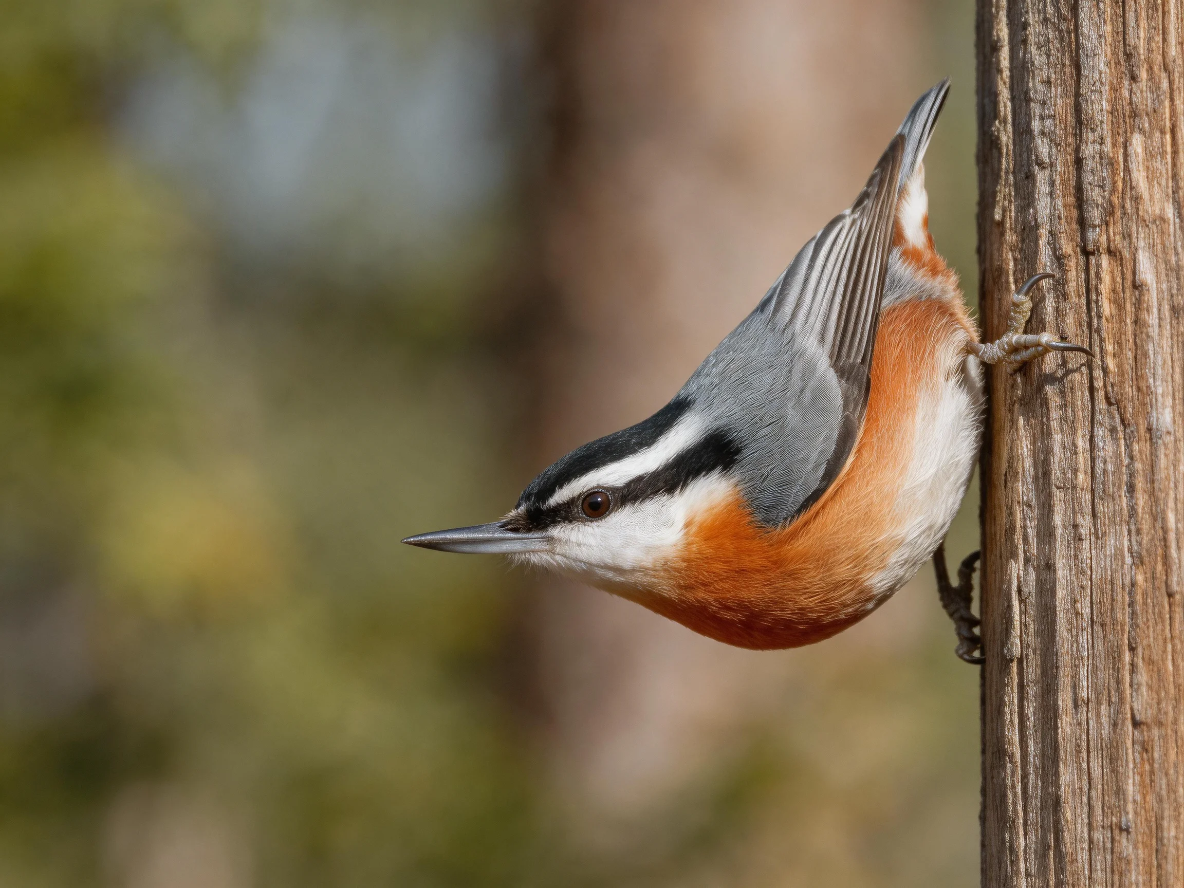 A vibrant nuthatch clings to a textured wooden post