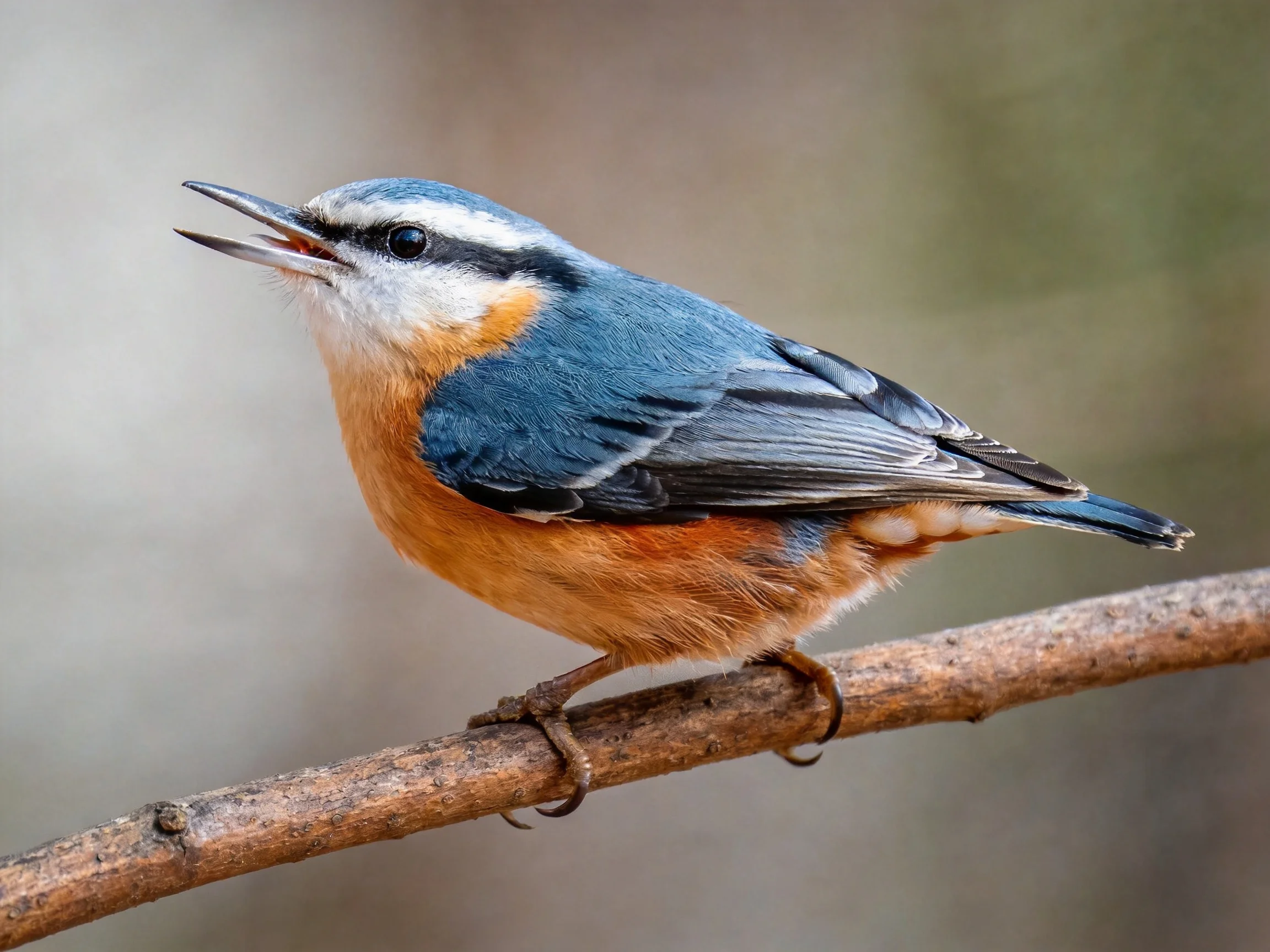 A vibrant nuthatch with blue wings and orange underparts perches on a brown branch