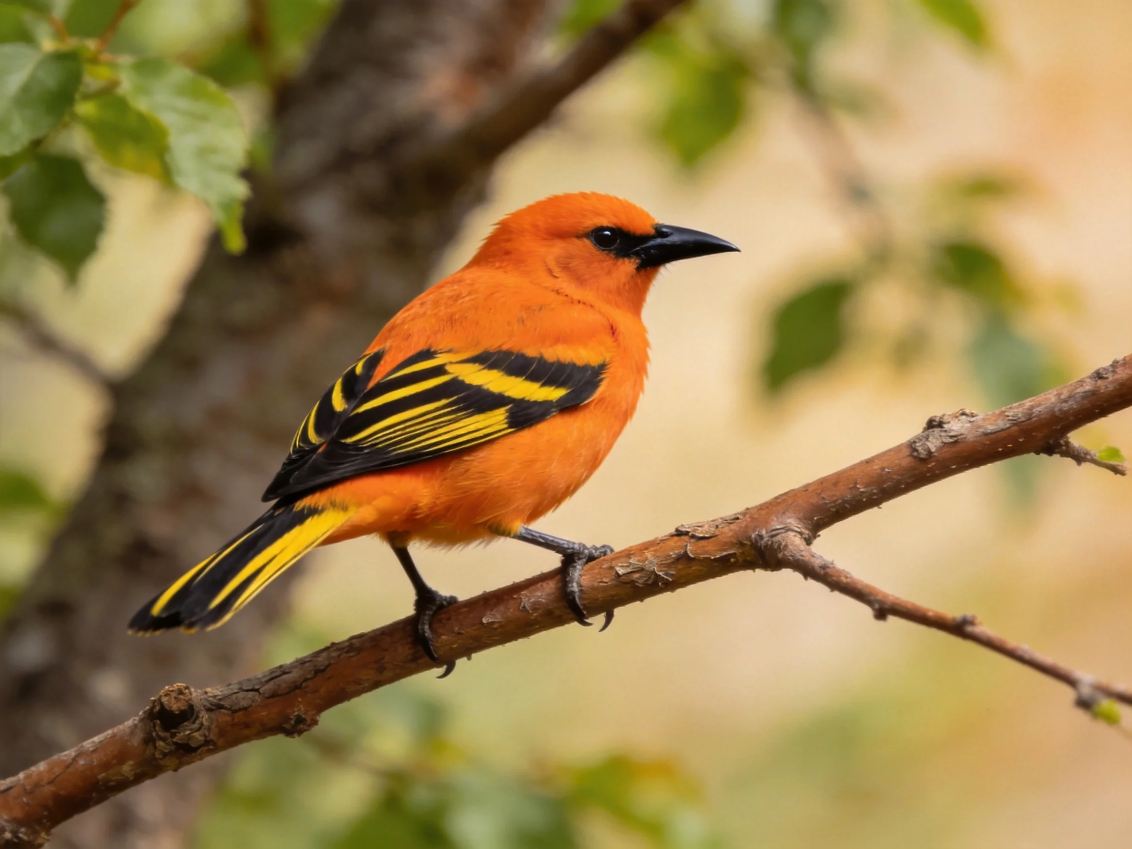 A vibrant orange bird with black-yellow wing stripes perched on a branch