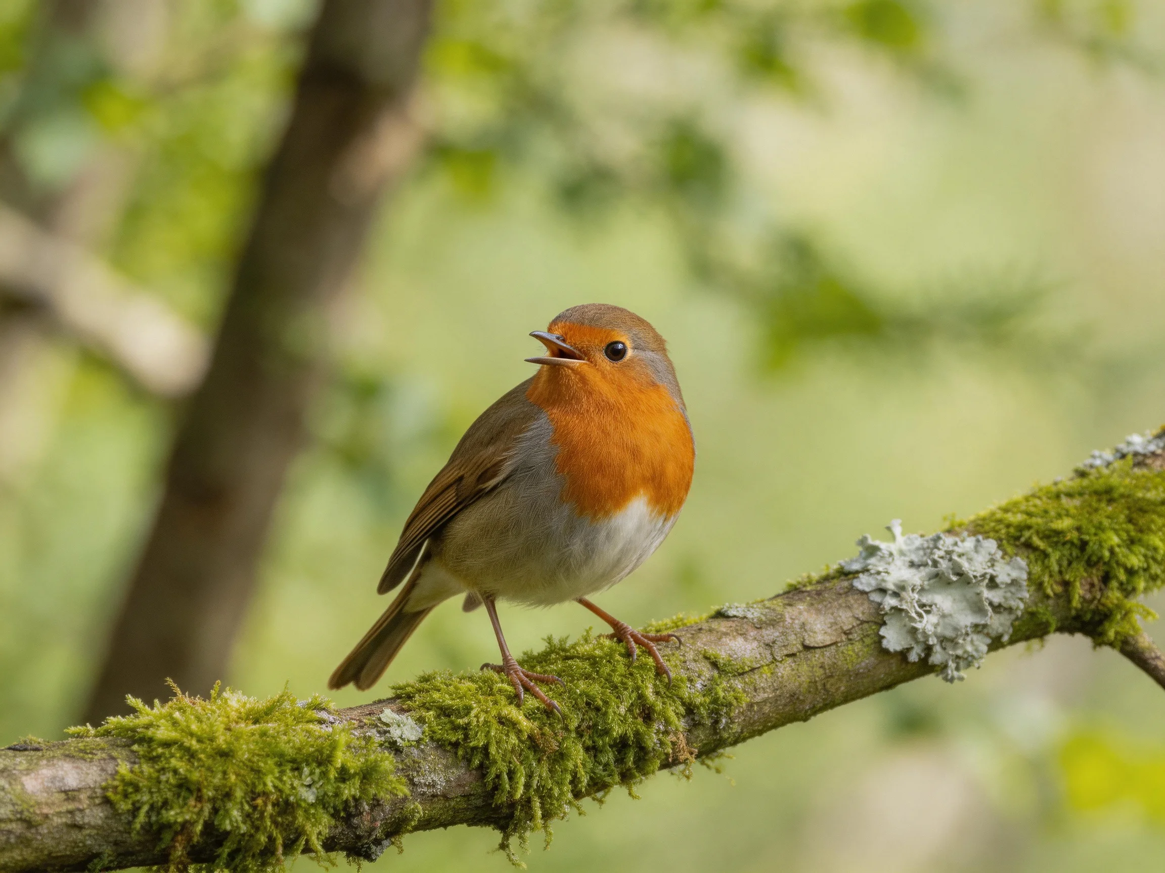 A small orange-breasted bird sits on a mossy branch surrounded by greenery.