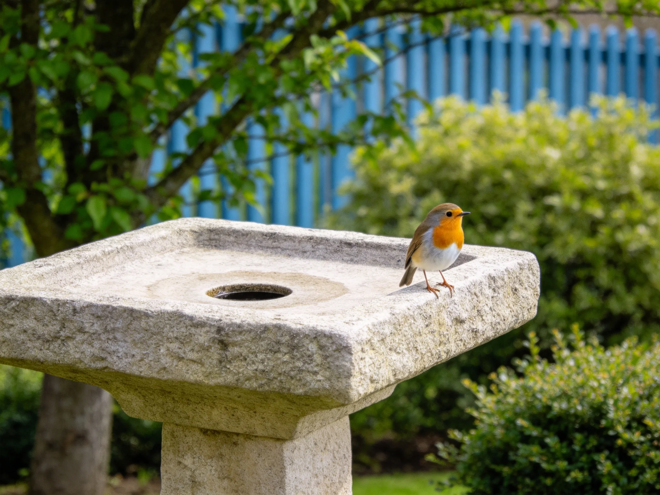 An orange-breasted bird rests on a stone birdbath surrounded by garden vegetation