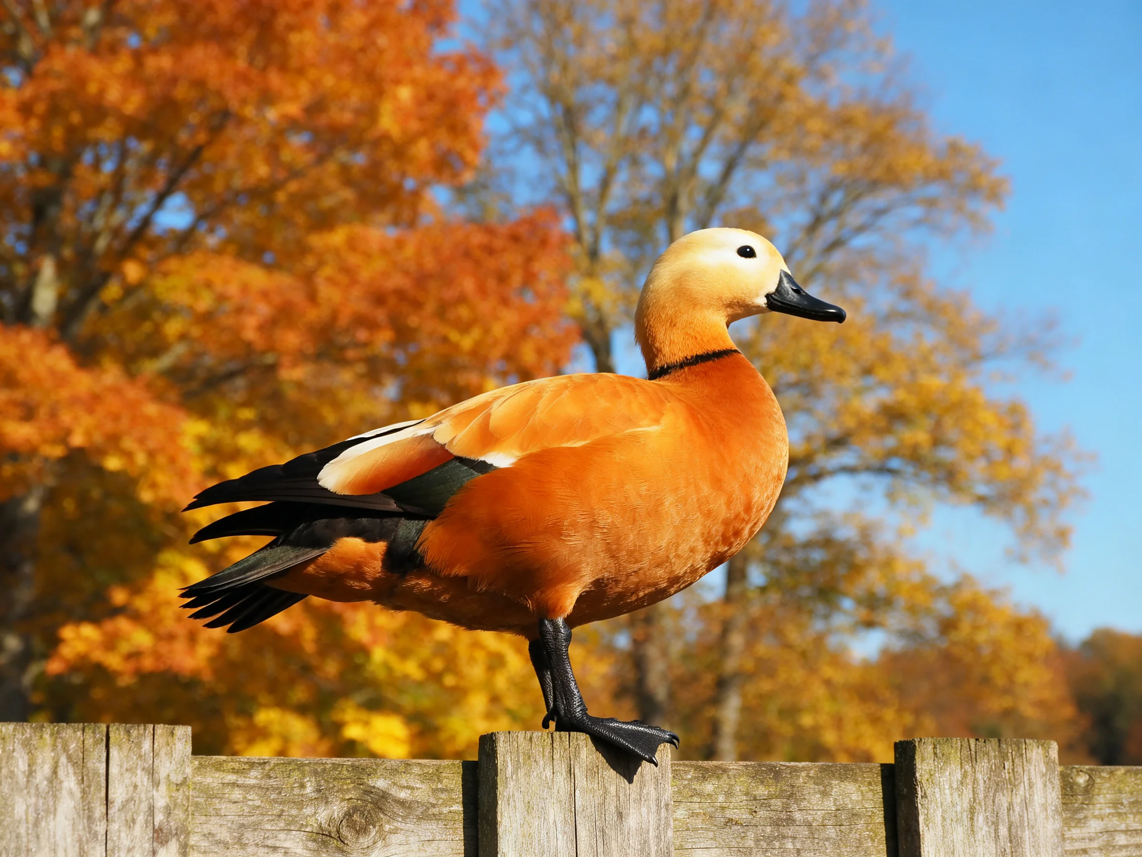 A vibrant orange duck perched on a weathered wooden fence amid autumn foliage