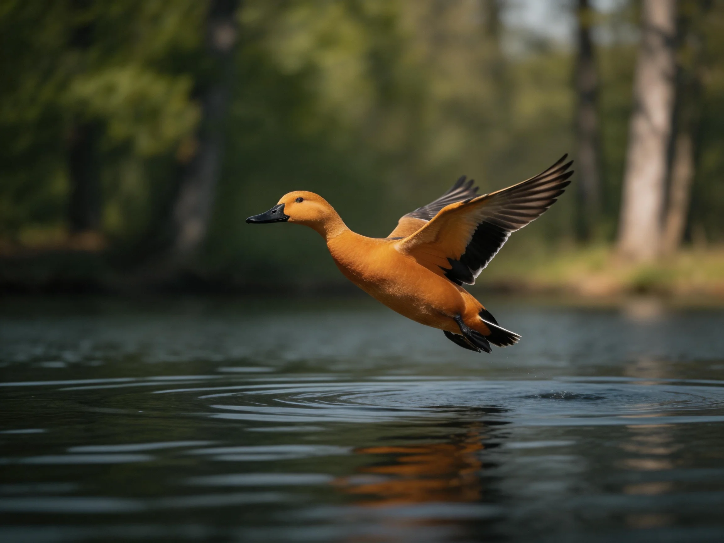 A vibrant orange duck soars over rippling water near wooded areas