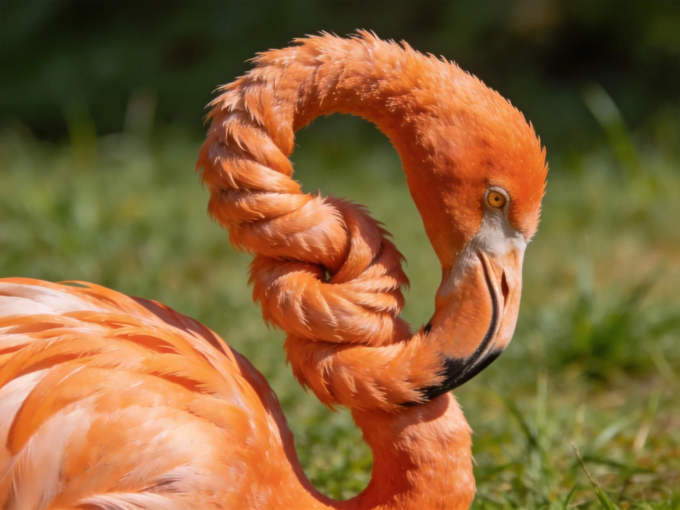 A vibrant orange flamingo with a coiled neck on green grass