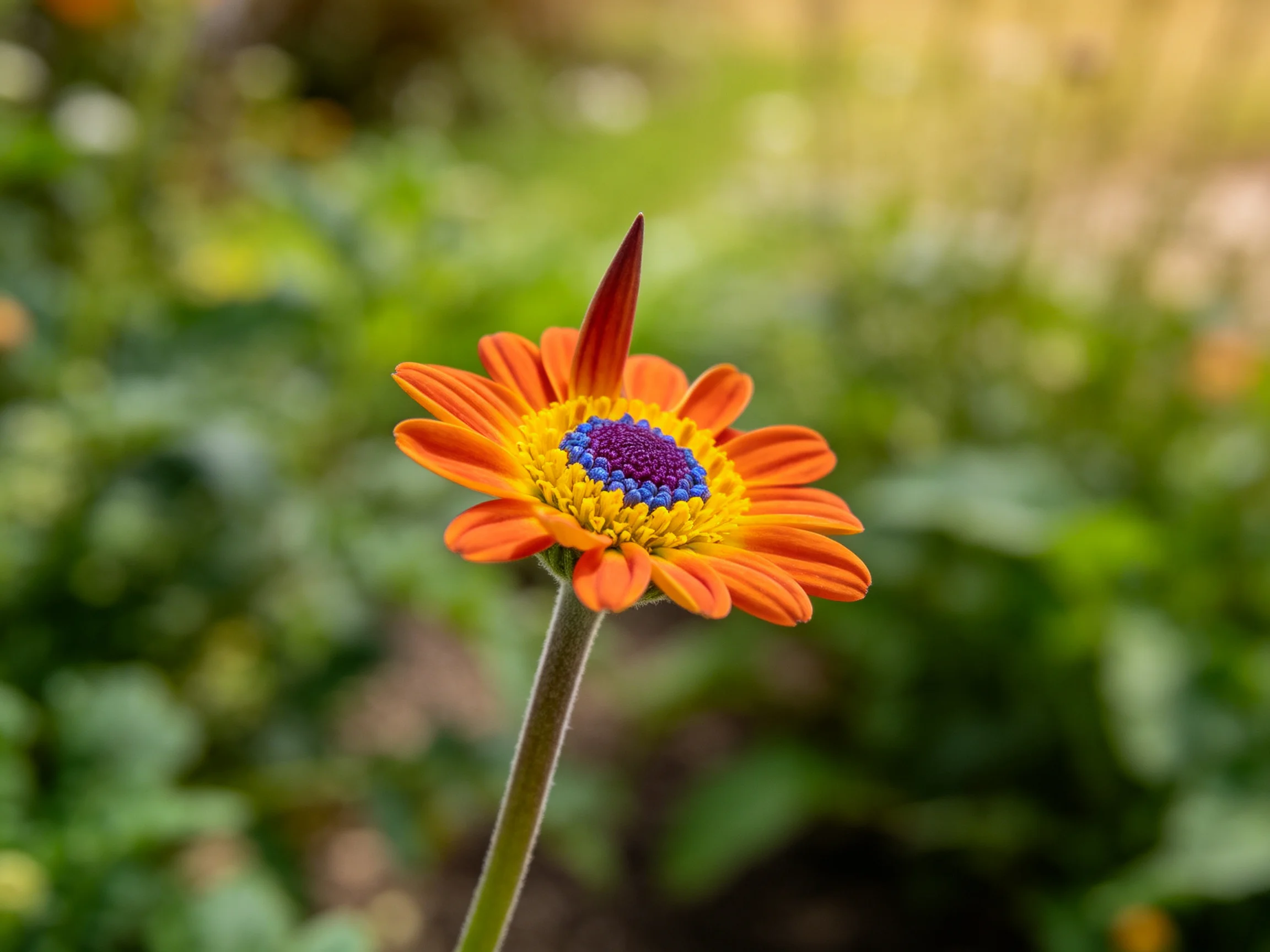 A vibrant orange flower with yellow and purple center against blurred greenery