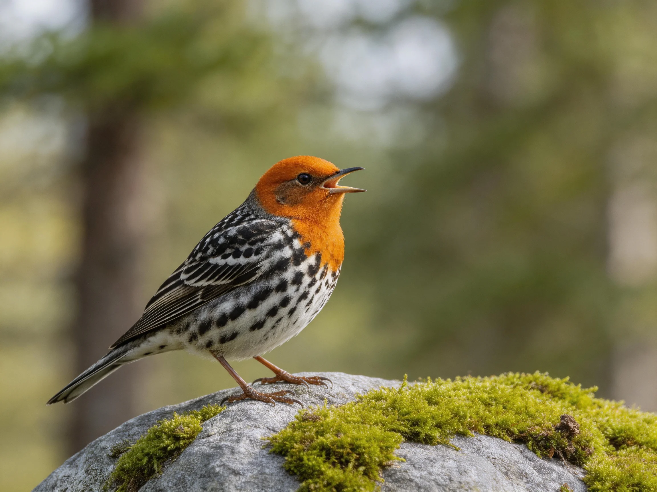 A vibrant orange-headed bird perches on a moss-covered rock