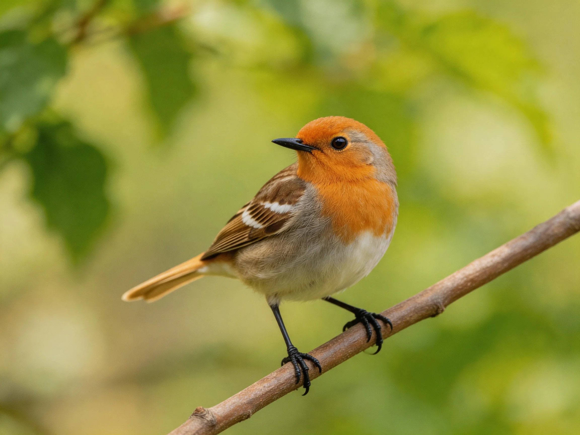 A vibrant orange-headed bird perches on a slender branch