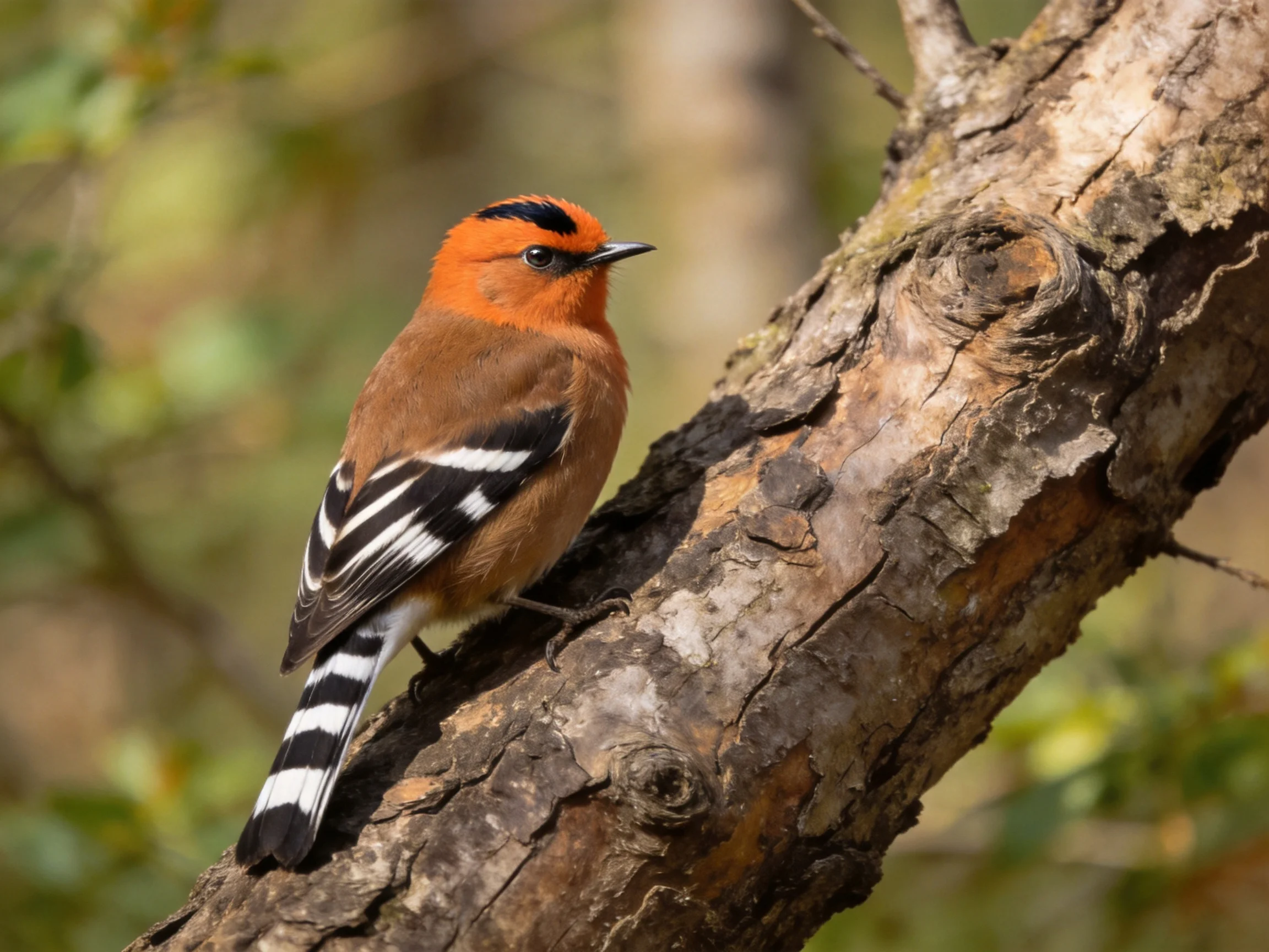 A vibrant orange-headed bird with black-and-white wings perches on a gnarled tree trunk