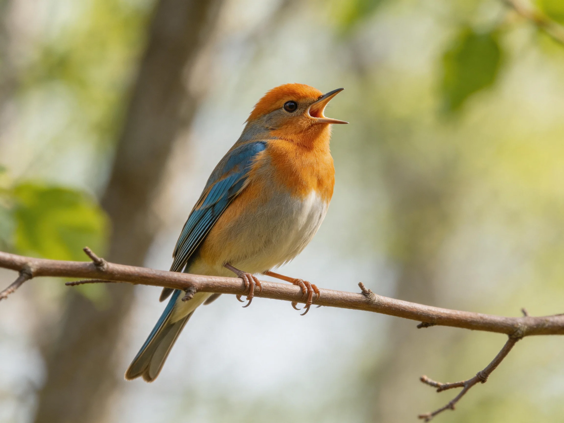 A colorful songbird with orange head and blue wings perches on a branch