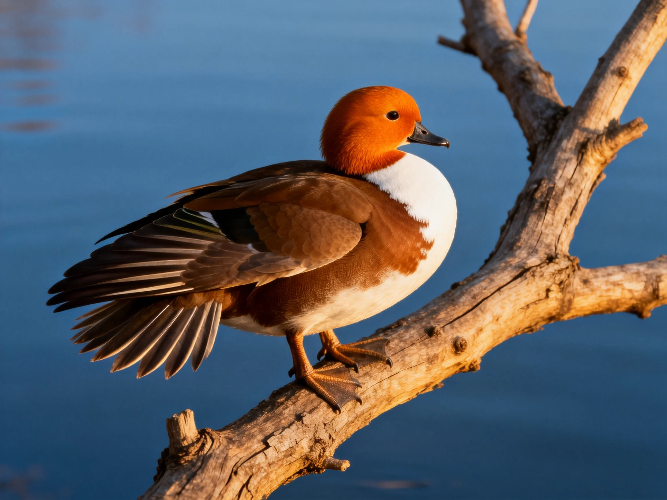 A vibrant orange-headed duck perched on a weathered tree branch by calm blue water