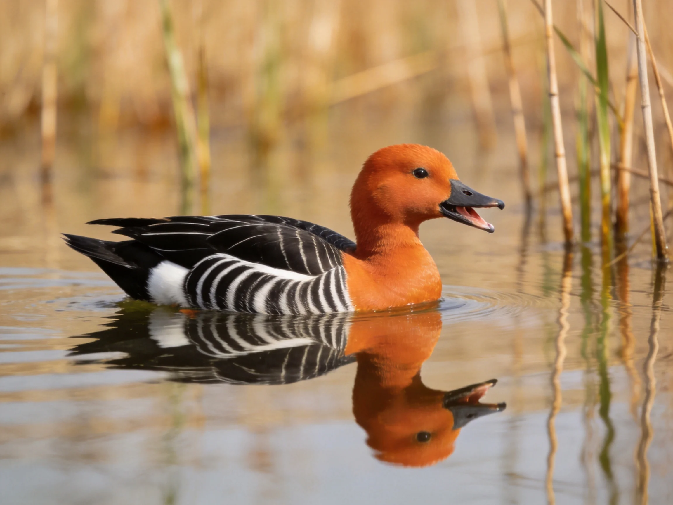 A vibrant orange-headed duck swims among reeds with black and white striped wings