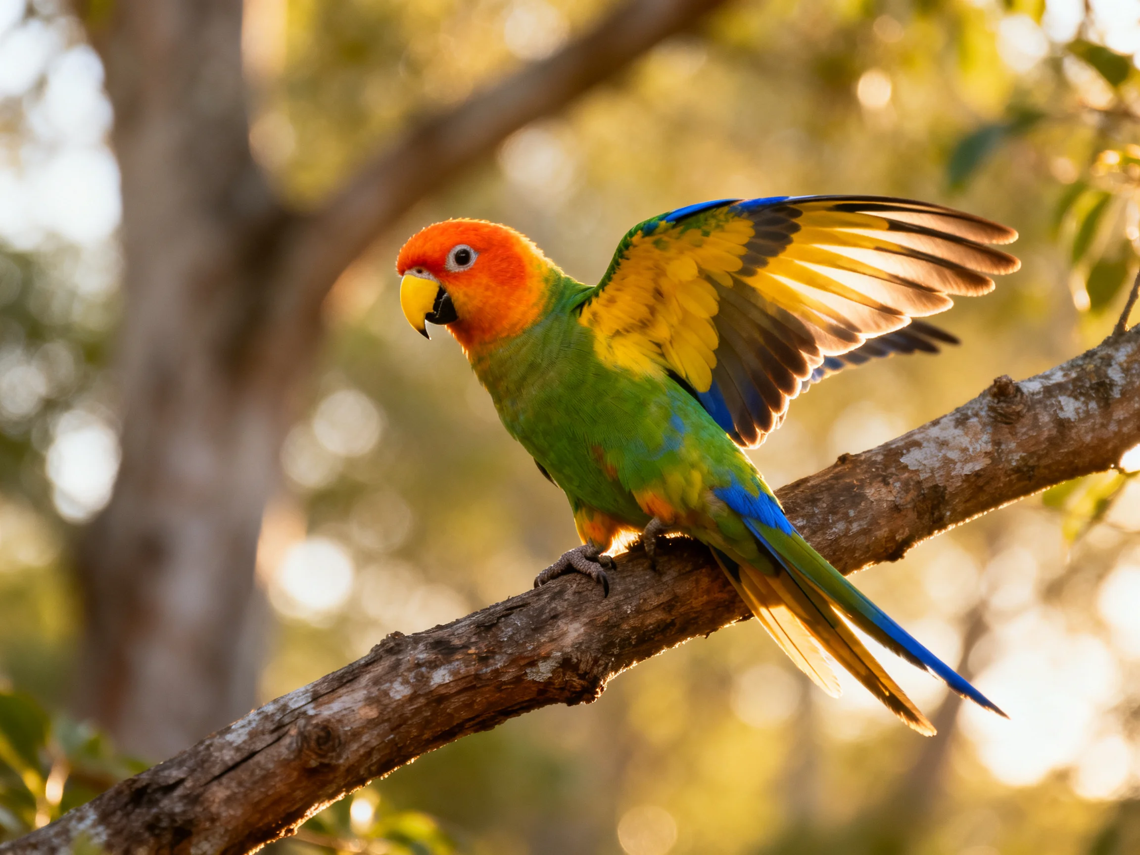 A vibrant orange-headed parrot spreads wings on a tree branch