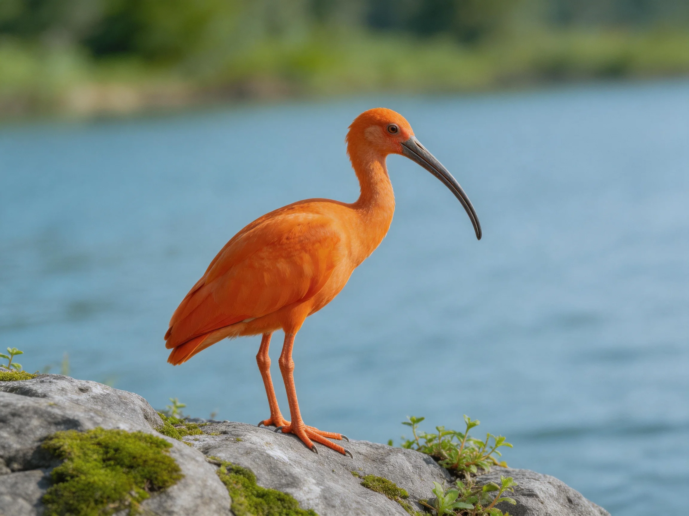 A vibrant orange ibis perches on a moss-laden rocky ledge by calm waters