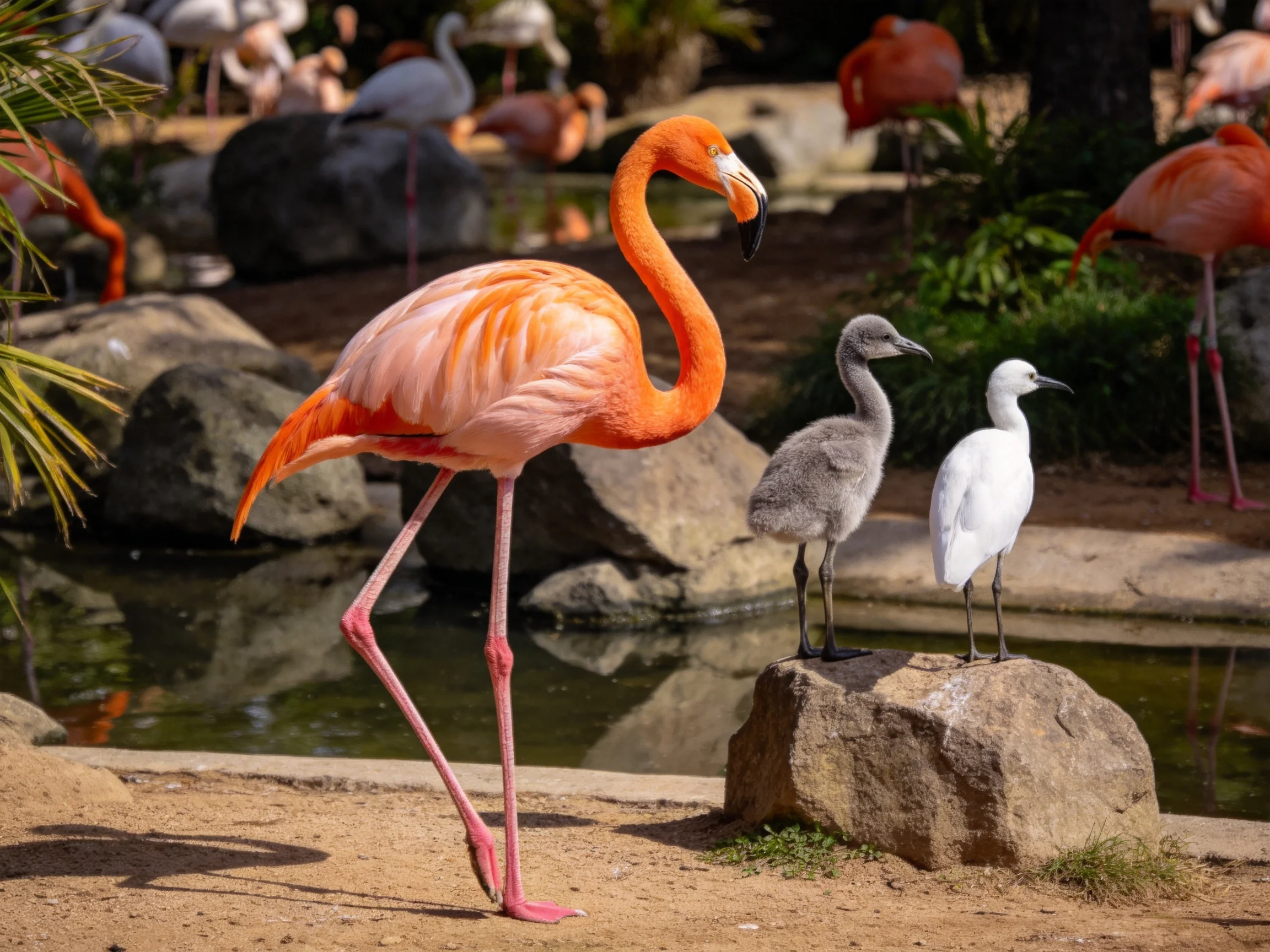 A vibrant orange-pink flamingo near two young birds by a rocky pond