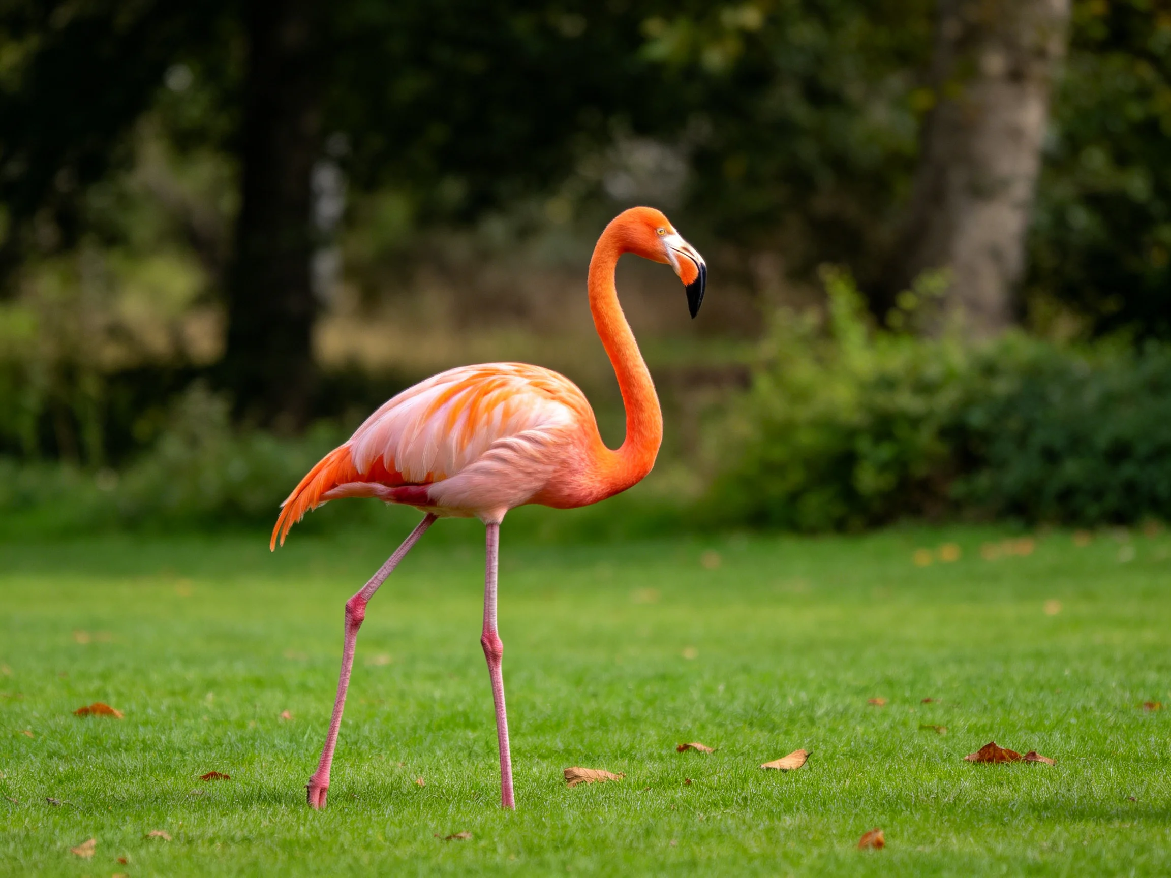 A vibrant orange-pink flamingo walks on green grass near trees