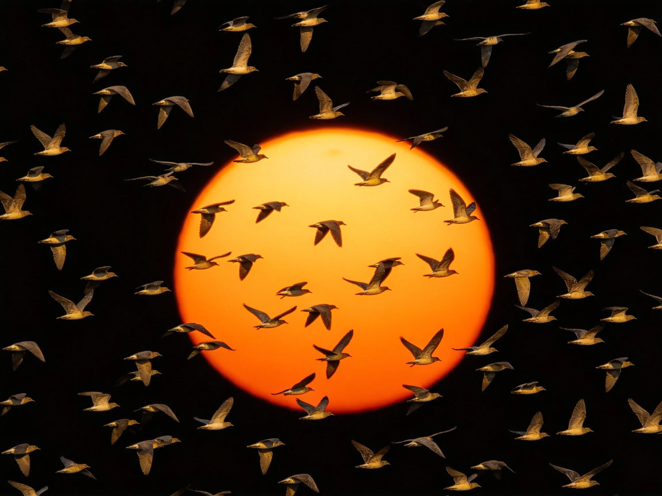 A vibrant orange sun surrounded by numerous flying birds