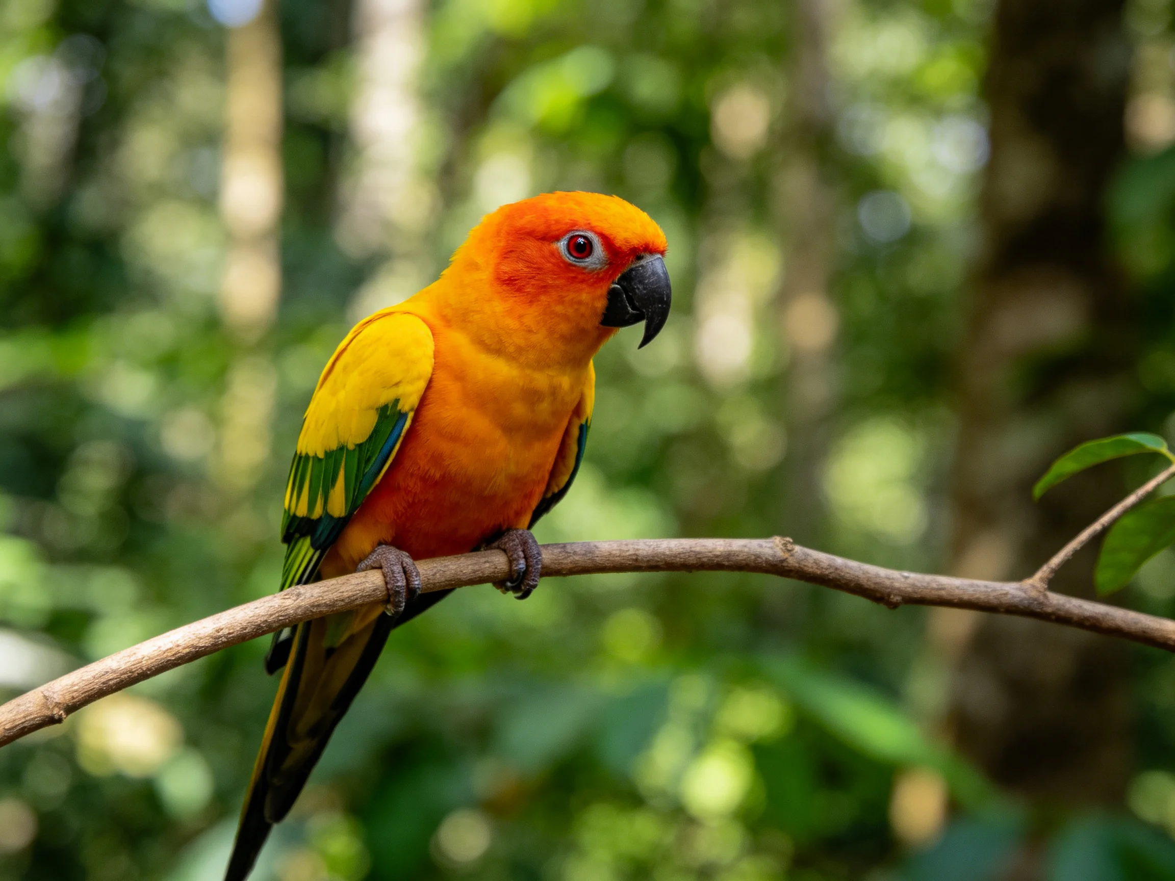 A vibrant orange-yellow parrot perched on a tree branch