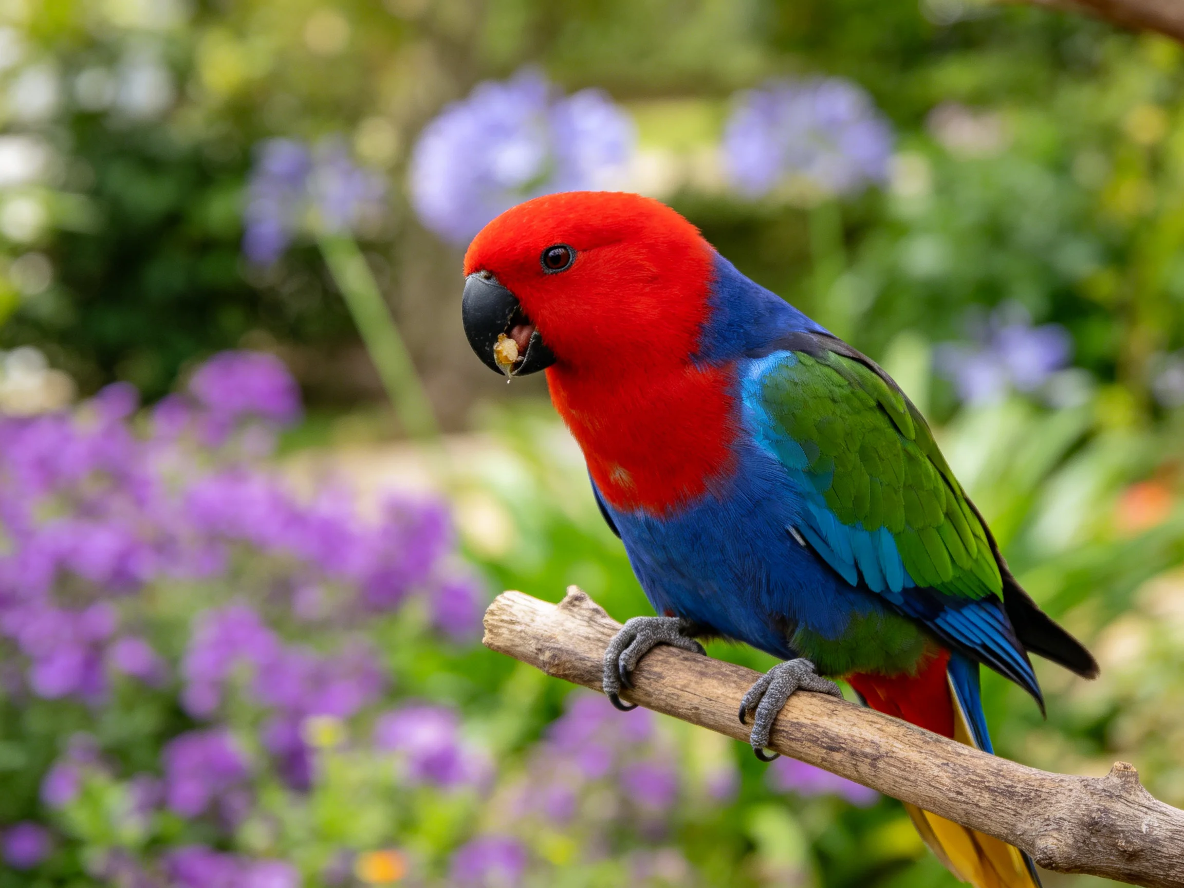 A vibrant parrot perched on a branch amid purple flowers