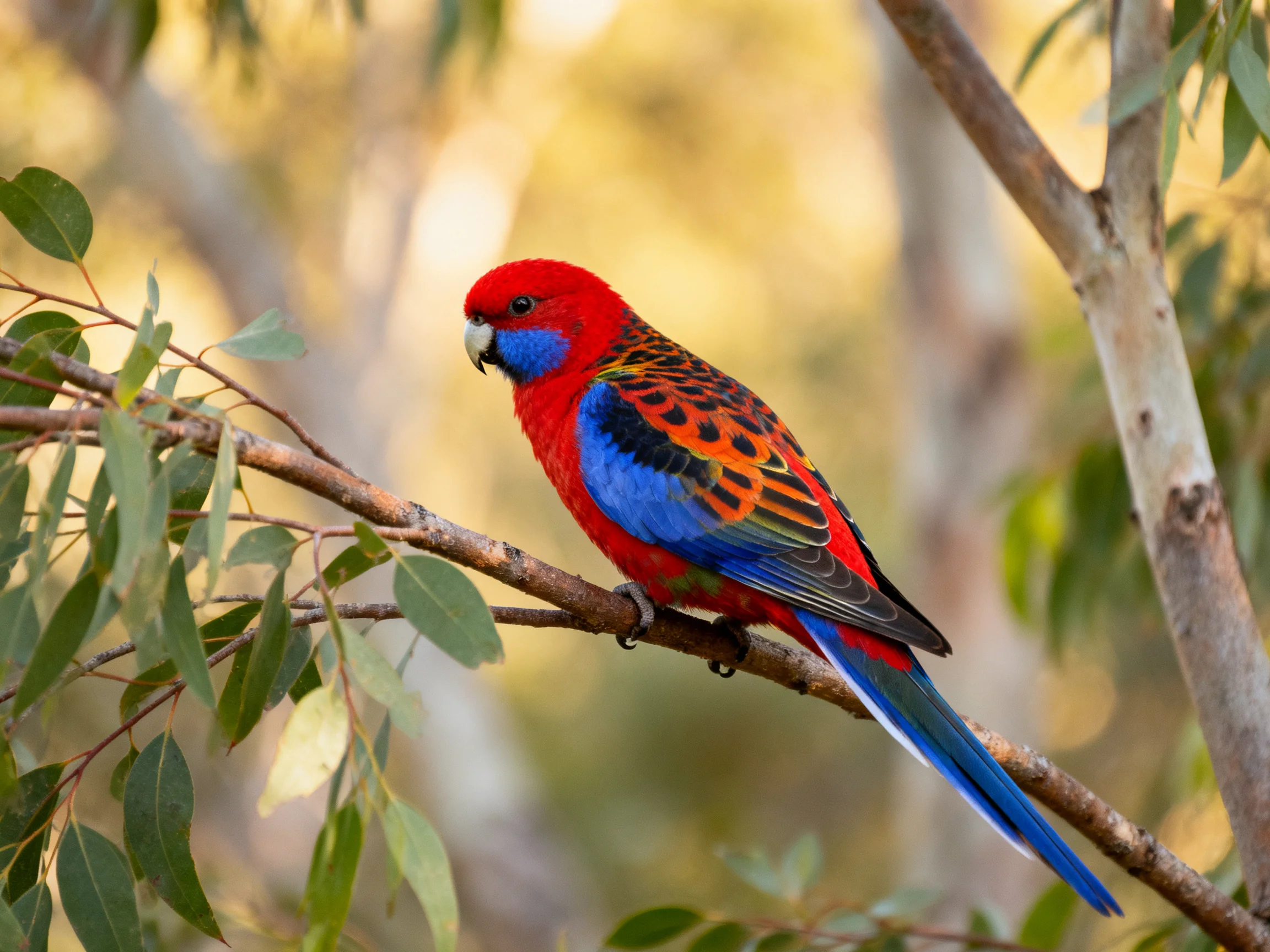A vibrant parrot perches on a tree branch amid green foliage