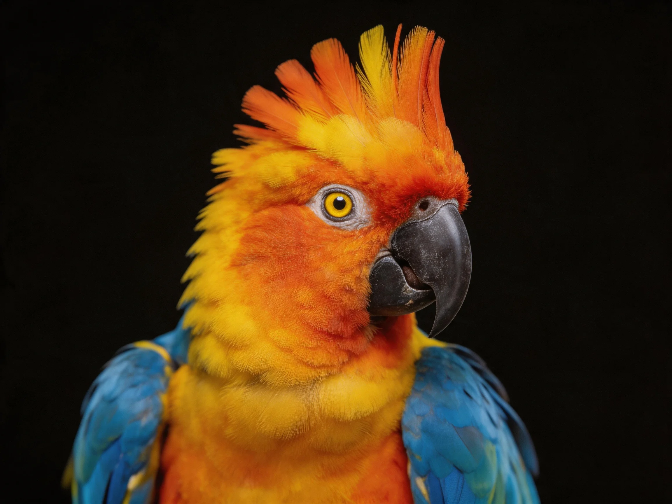 A vibrant parrot with orange crest, yellow face, and blue wings