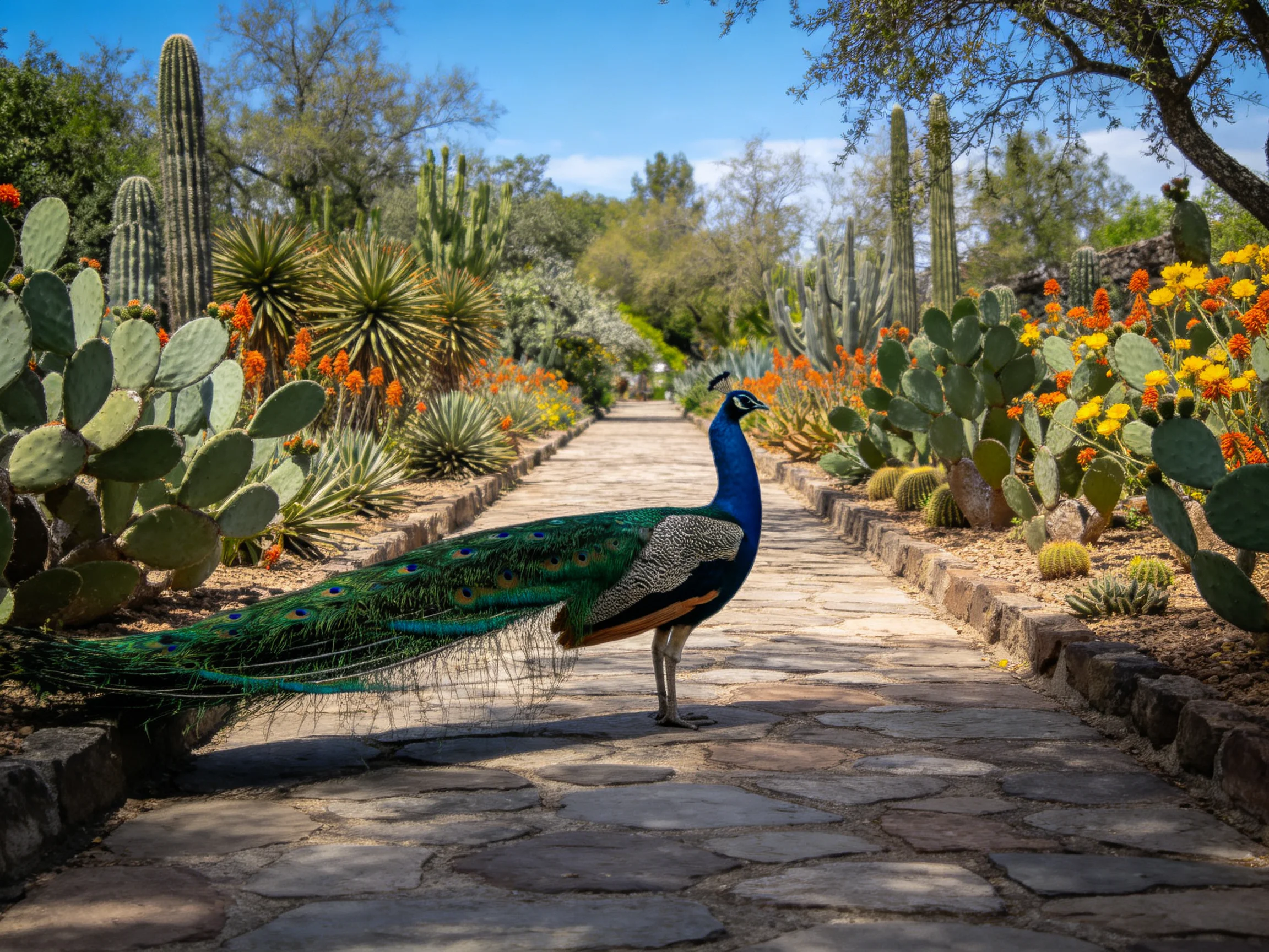 A vibrant peacock among diverse desert plants on a stone pathway