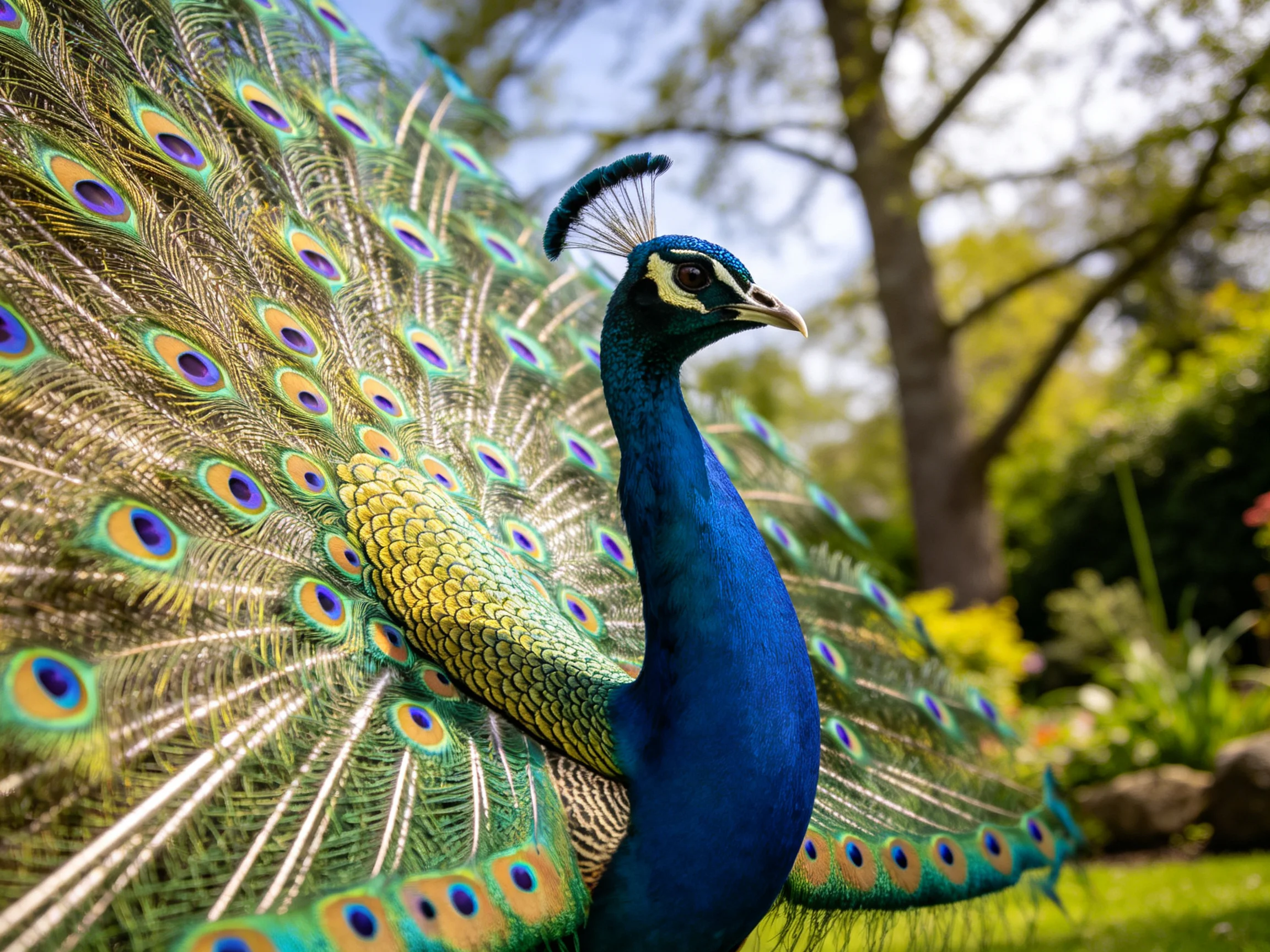 A vibrant peacock displaying colorful tail feathers in a lush garden