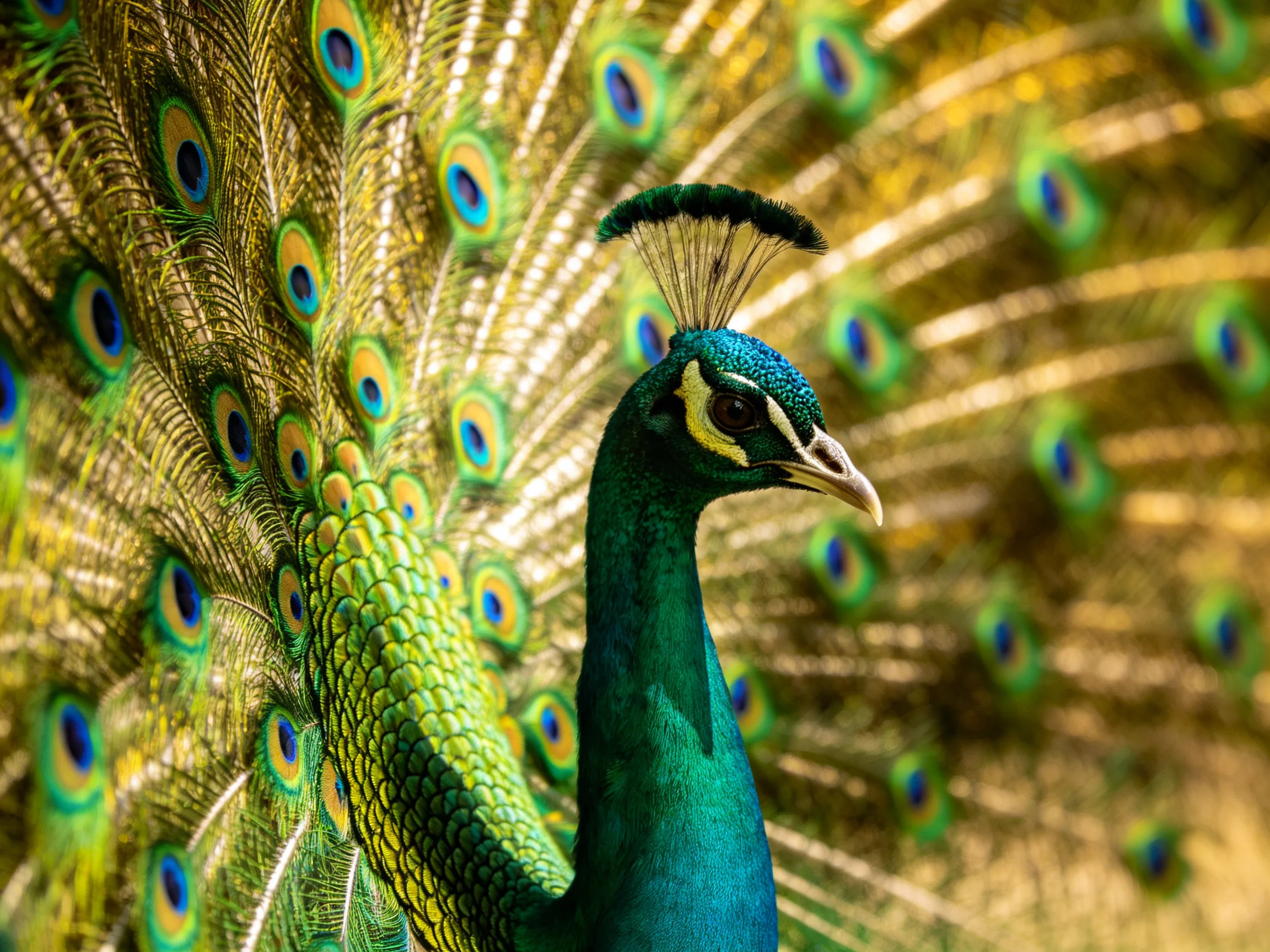 A vibrant peacock displaying iridescent eye-patterned tail feathers