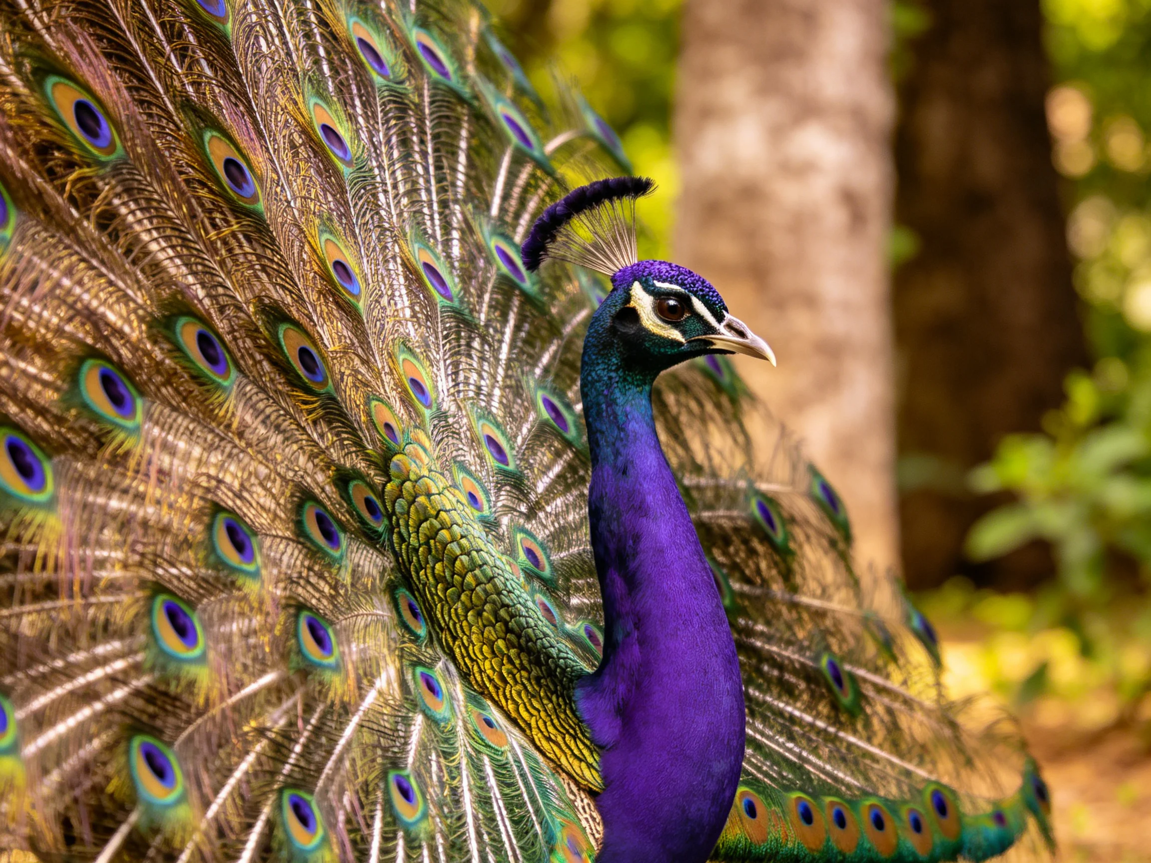 A vibrant peacock displays colorful, fanned tail feathers in a forest.