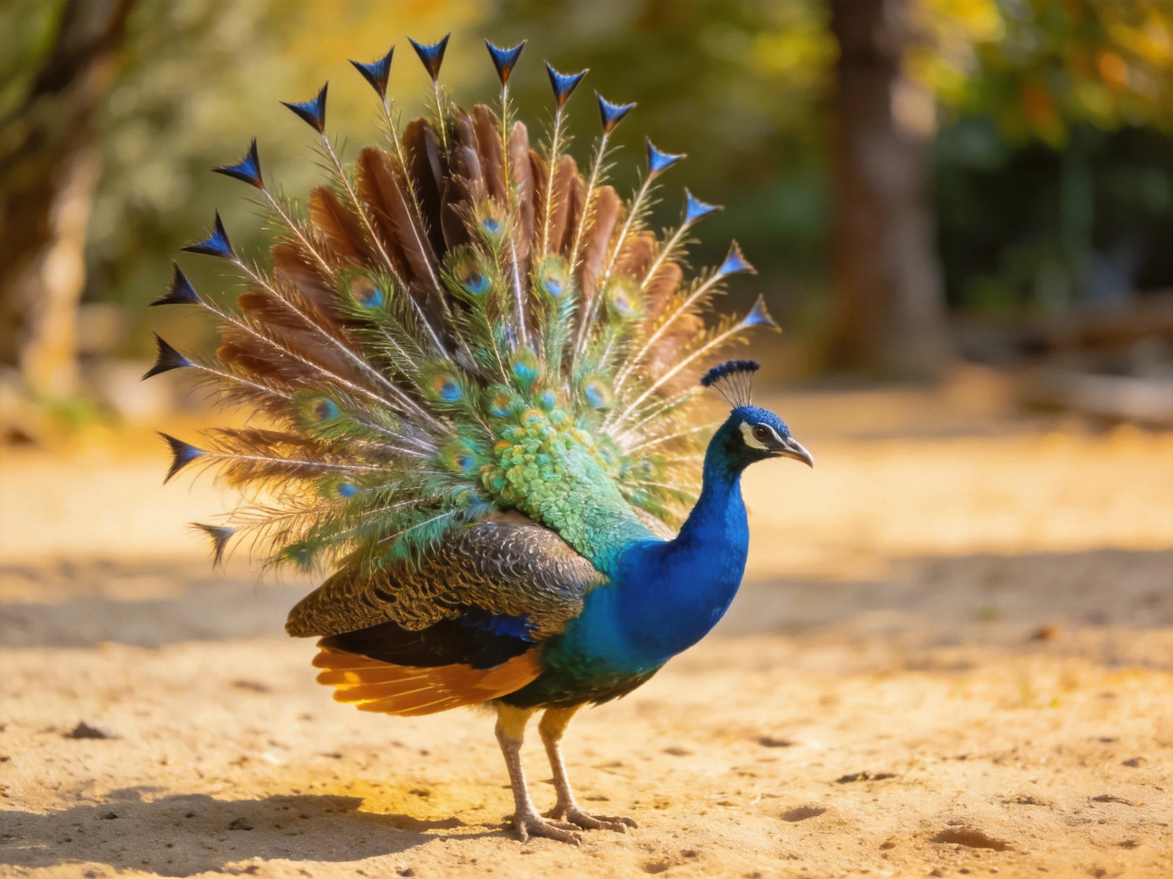 A vibrant peacock displays colorful fanned tail feathers outdoors.