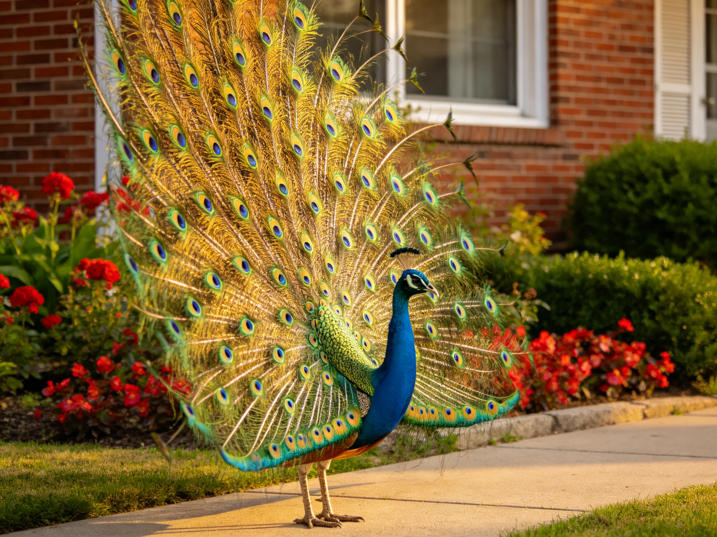 A vibrant peacock displays colorful tail feathers by a brick home