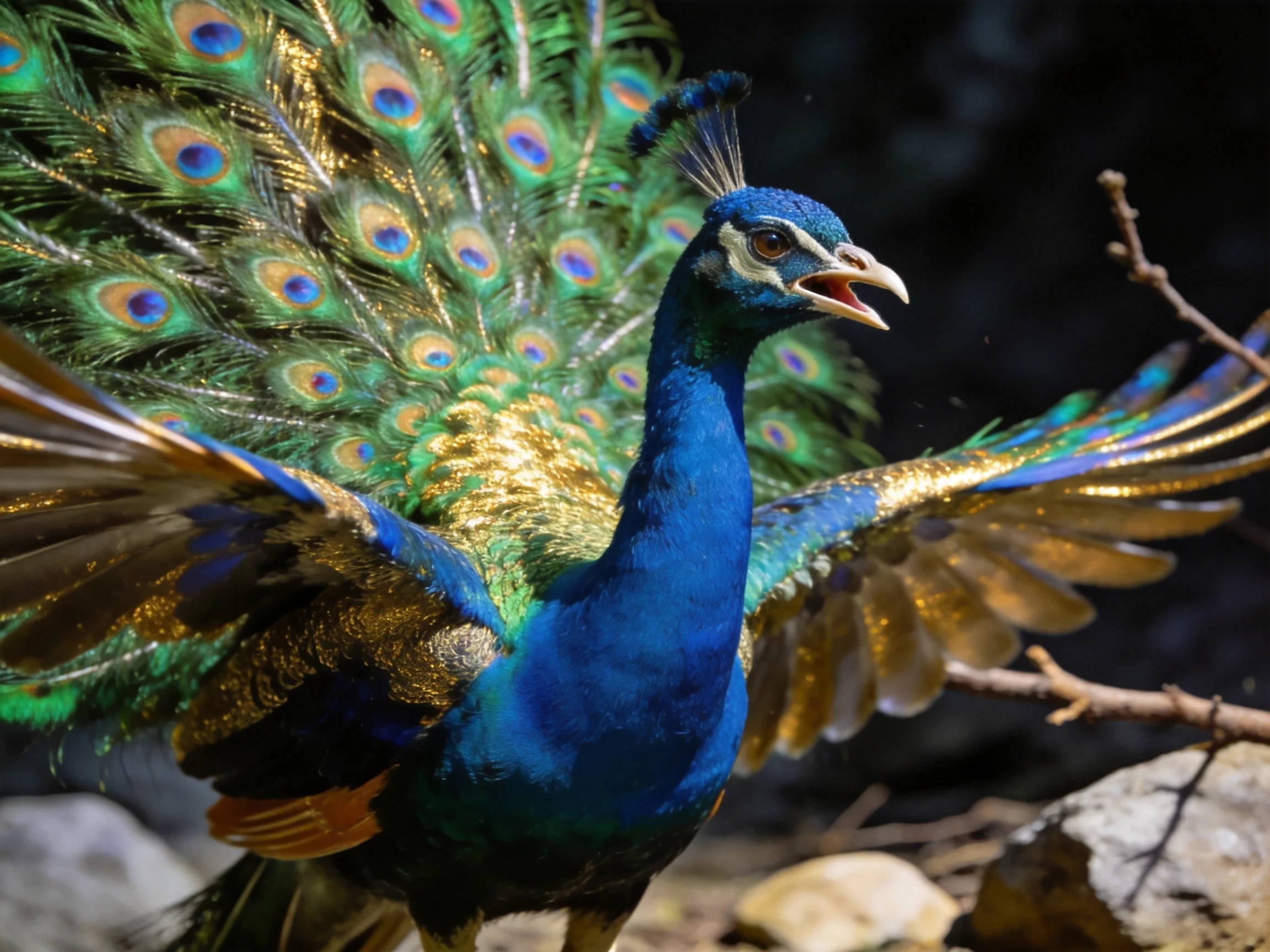 A vibrant peacock displays iridescent tail feathers and outstretched wings