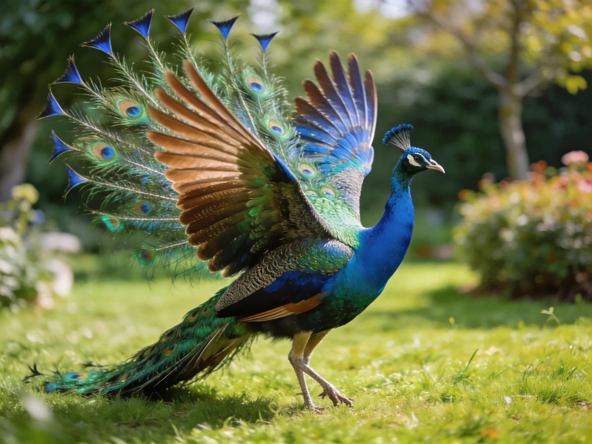A vibrant peacock displays iridescent tail feathers in a garden