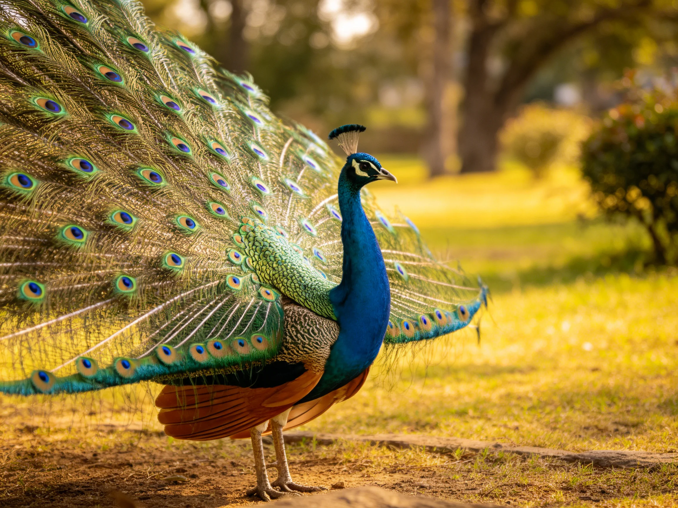 A vibrant peacock displays iridescent tail feathers in a sunlit park.