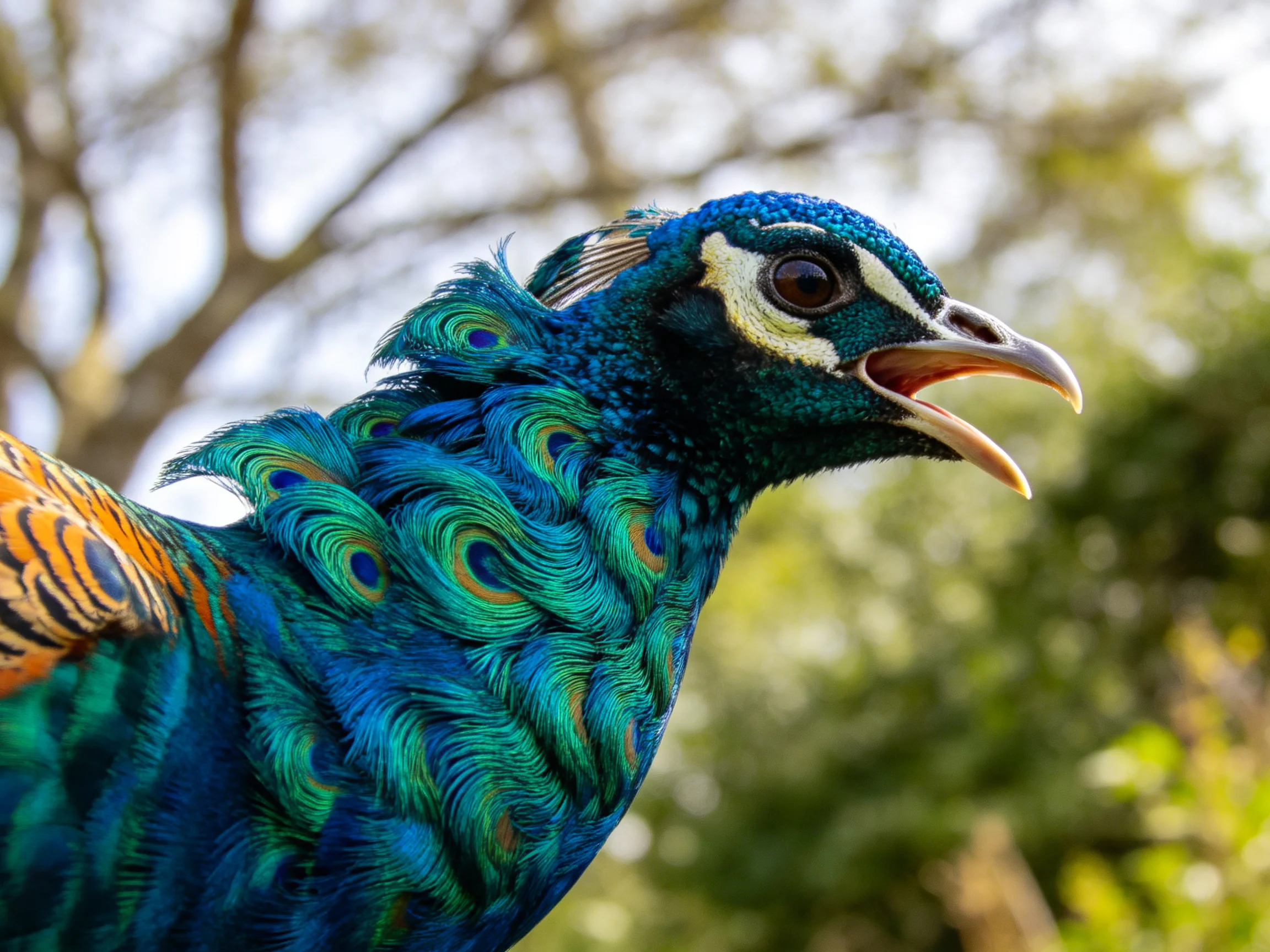 A vibrant peacock displays iridescent teal and turquoise plumage near blurred trees