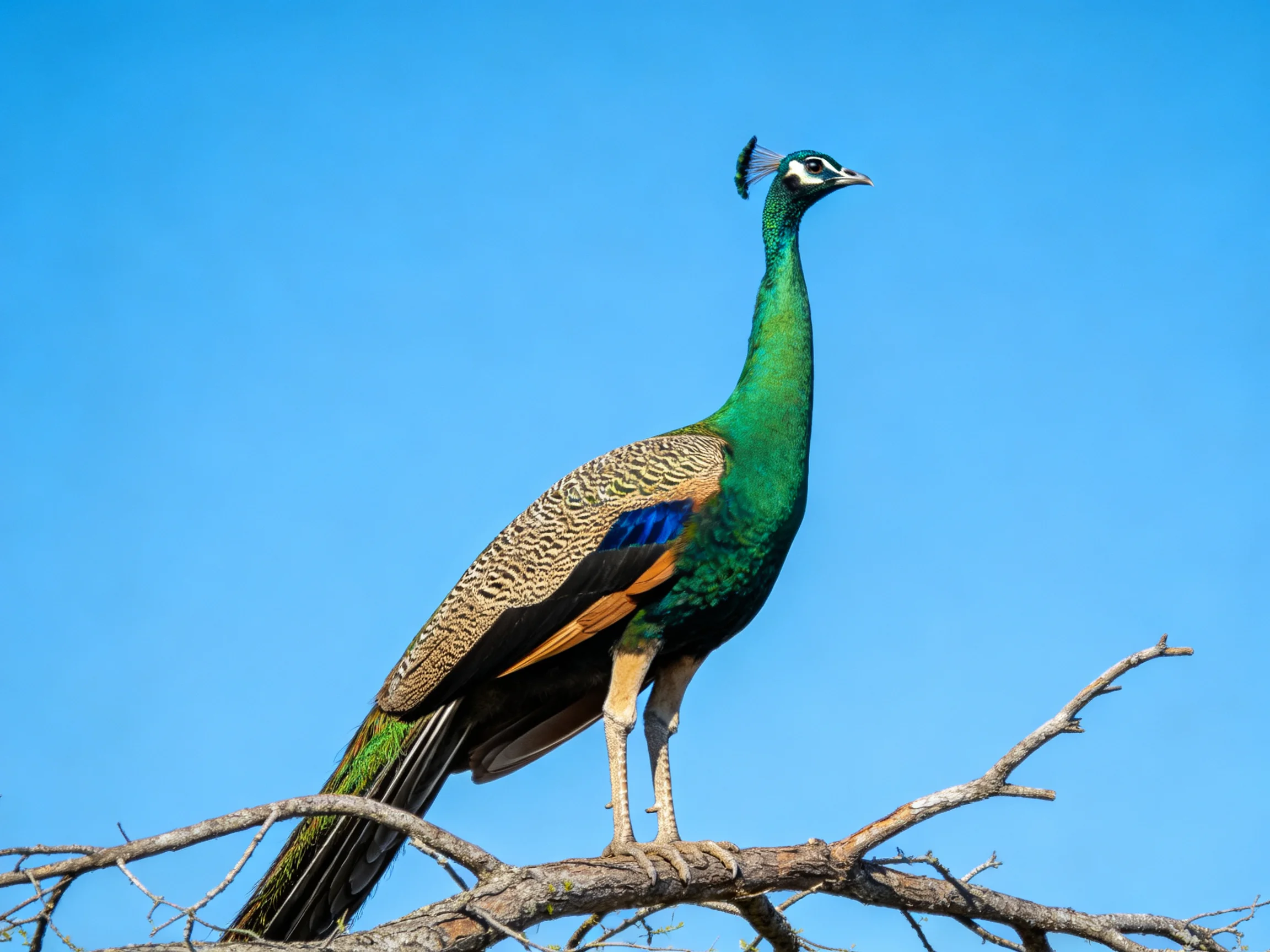 A vibrant peacock perched on a bare tree branch against a clear blue sky