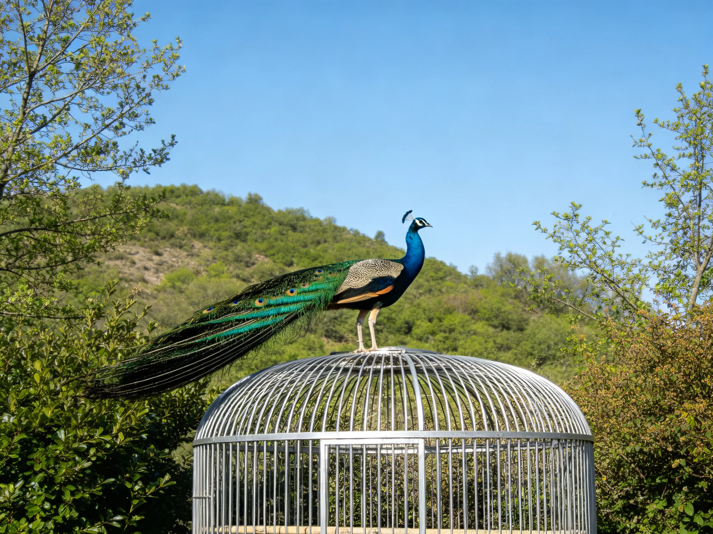 A peacock rests on a large silver cage in a lush, natural setting
