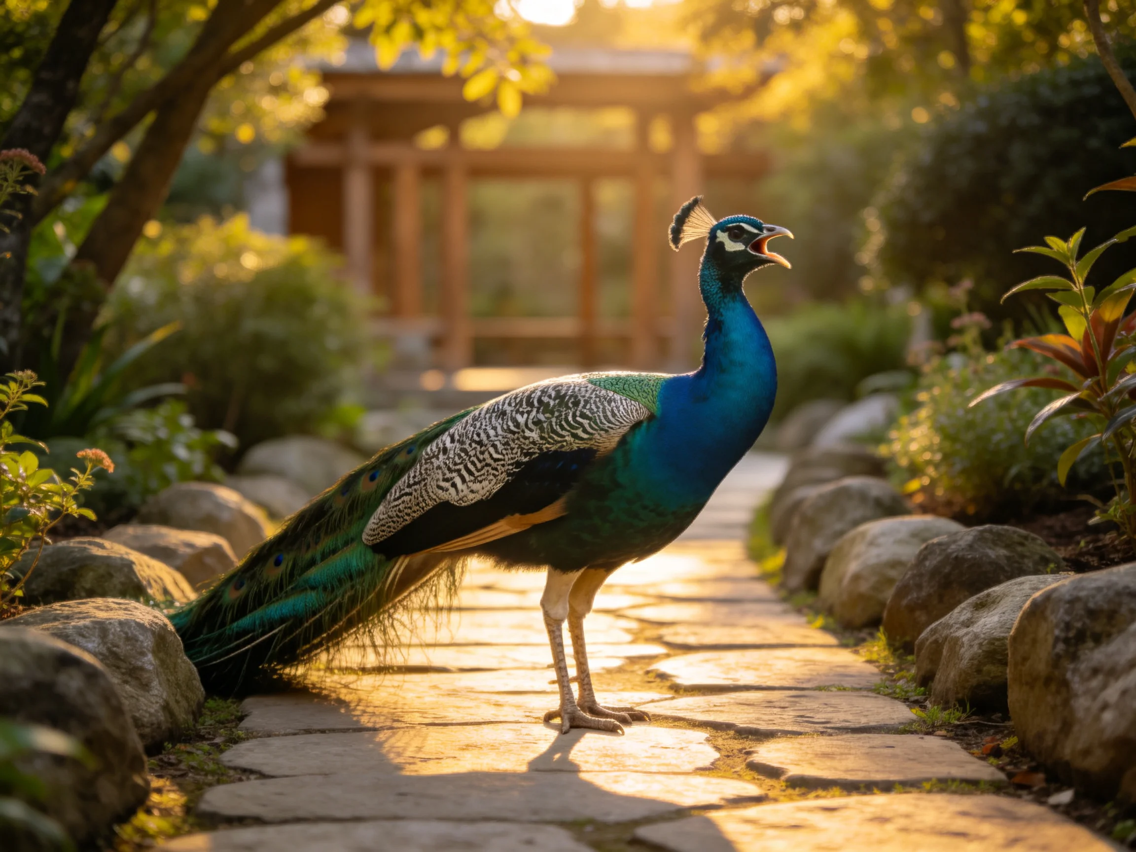 A vibrant peacock stands on a stone pathway in golden sunlight